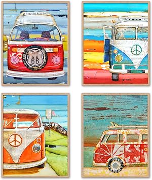 Antique Classic Vans Art Prints, Set of 4, Danny Phillips Fine Art, Mixed Media Collage Artwork, Coastal Wall Decor, 8x10 Inches