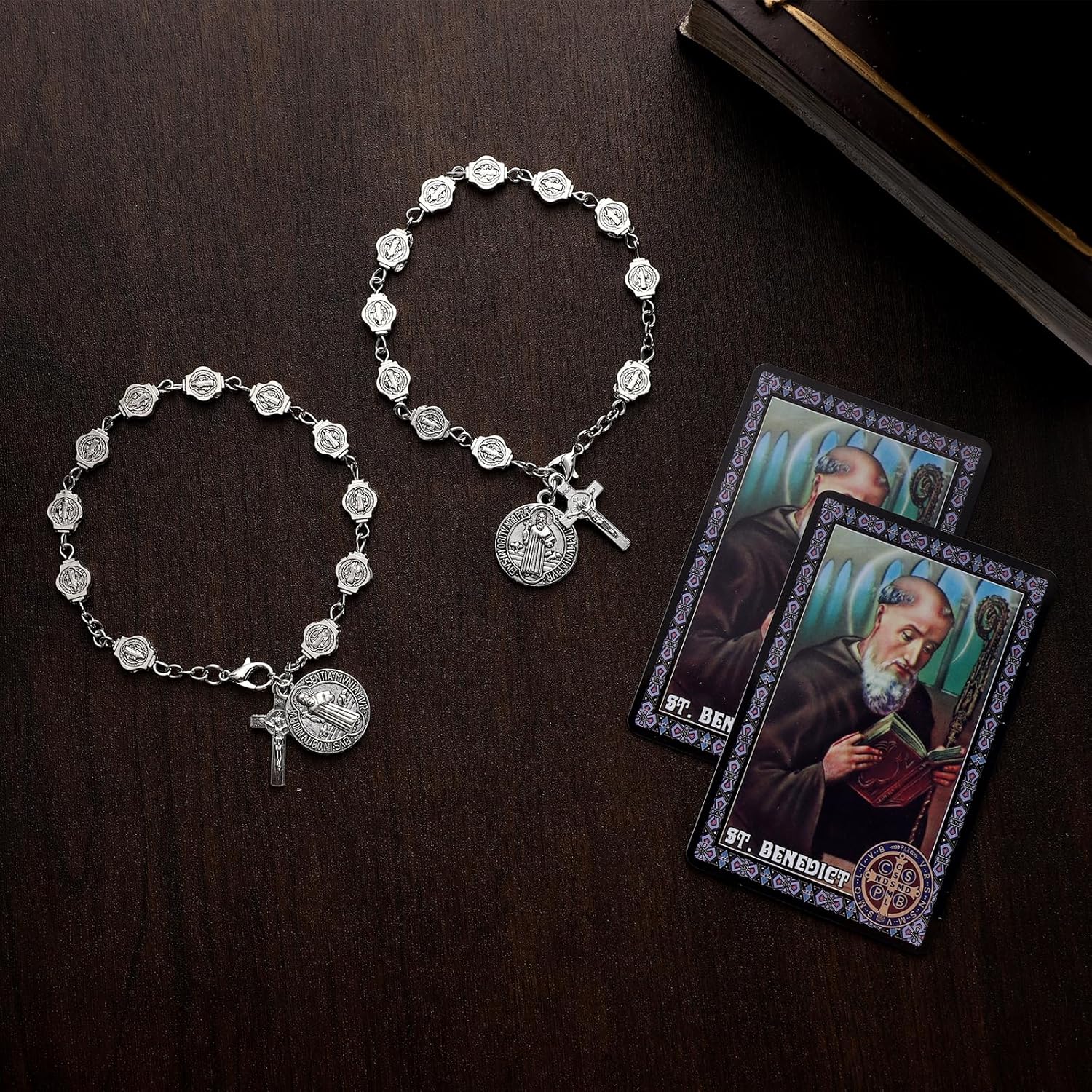 2 Sets St Benedict Bracelets with Saint Benedict Medals and Crucifix,Catholic Rosary Bracelet with Prayer Card for Women Men Gift,Medalla De San Benito Rosary Jewelry - Image 6