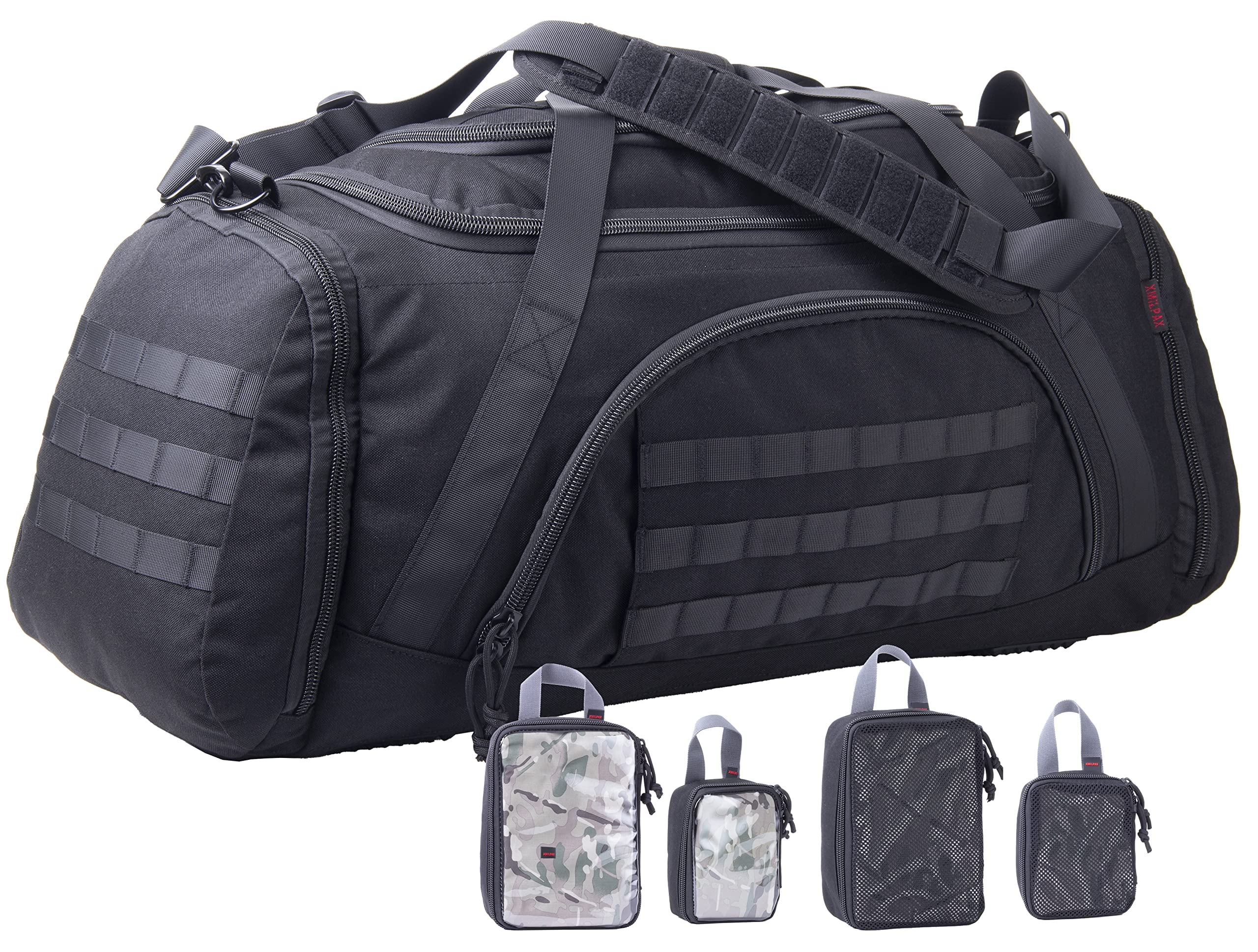 Tactical Duffle Bag MOLLE Gear Bag with 4 Modular Gear Organizers Packing Cubes. Ideal for Hunting, Shooting Range, Law Enforcement, Camping, Travel. 65L