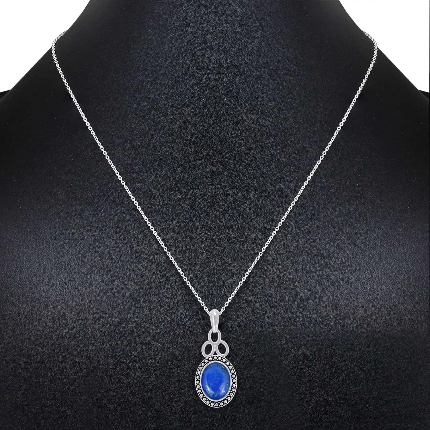 TISHAVI Natural Labradorite/Larimar/Lapis Silver Plated Pendant Necklace for Women, 18 Inch Chain Necklace Oval Shape Gemstone Pendant Jewelry, Gift for Her