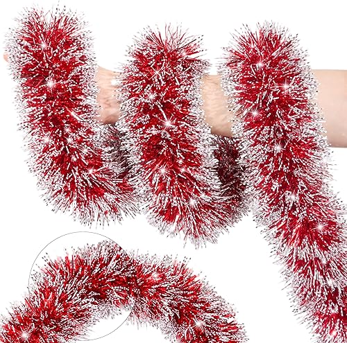 Miniatura 12 de Guirnalda de oropel de Navidad roja de 50 pies, guirnalda de Navidad con torsión metálica para decoración de árbol de Navidad, guirnaldas colgantes