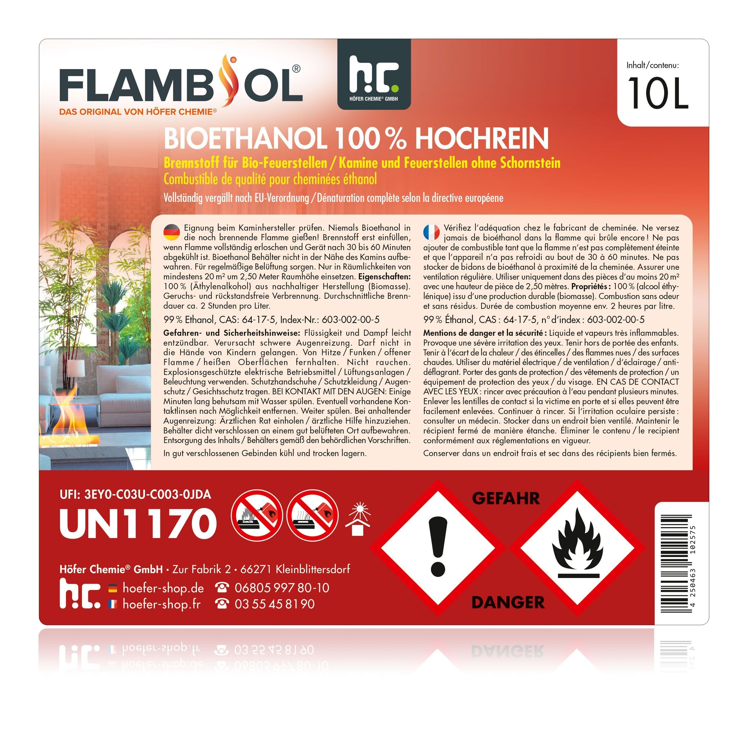 Bioéthanol 100% FLAMBIOL 3 x 10 L- Combustible Liquide Dénaturé pour Cheminée et Foyer à l'éthanol - Usage Intérieur - Combustion Propre et Quasi Inodore