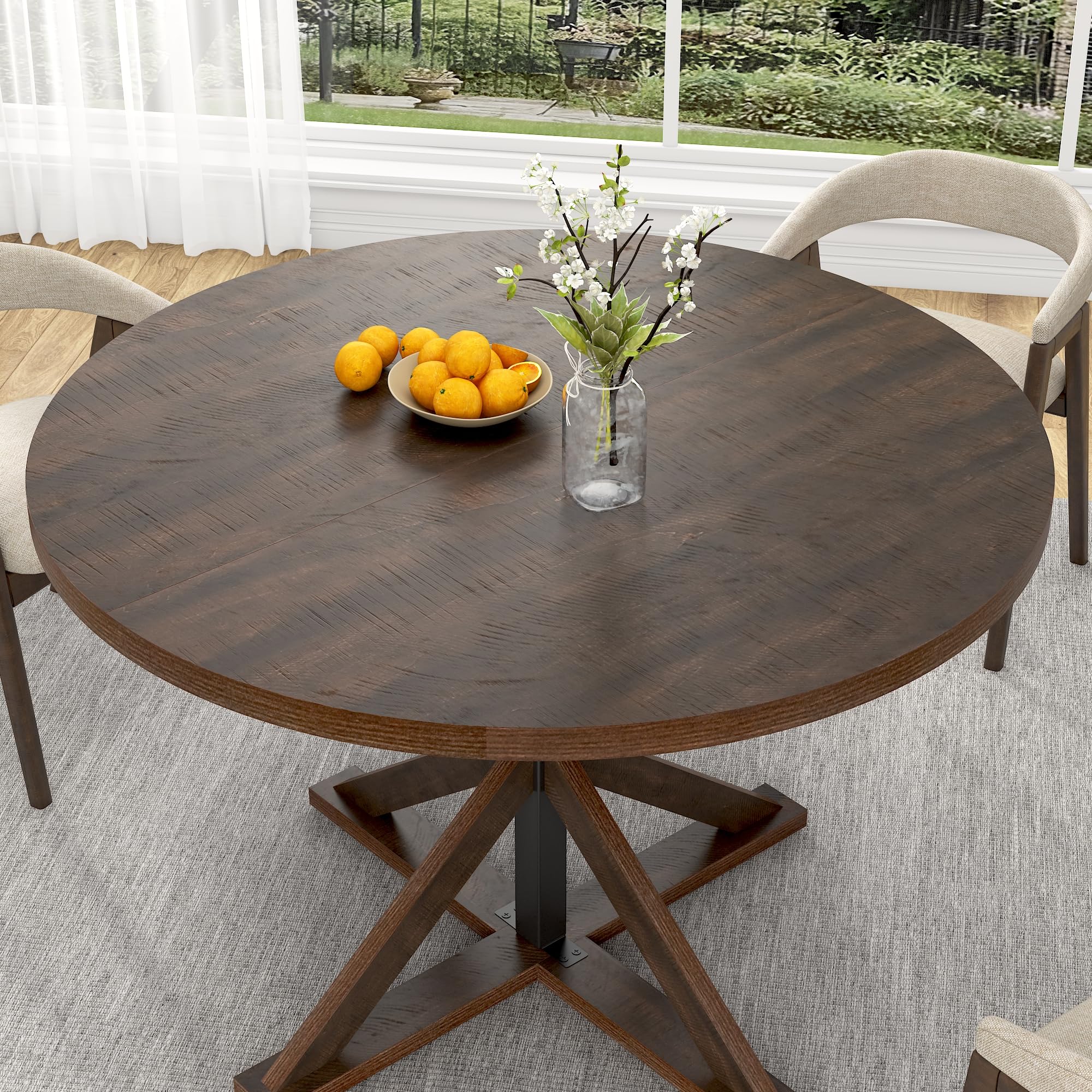 jiteentarou Round Wood Dining Table for Kitchen,Dining Room,Living Room,Farmhouse Dinner Tables W/Thickened Brown Wooden Waterproof Tabletop for 4