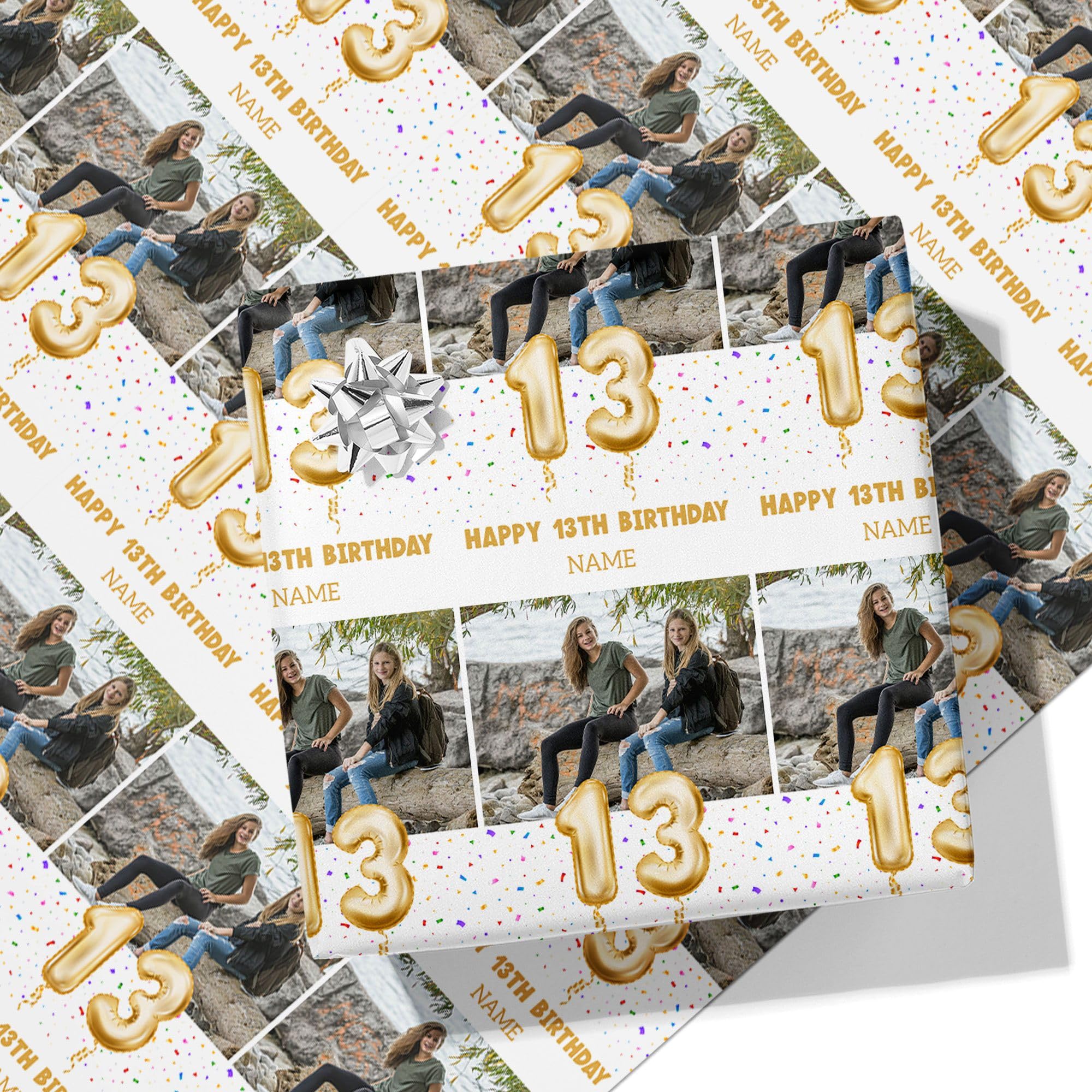 13th Milestone Birthday Balloons Personalised Wrapping Paper - Add Any Name and Photo-13-5m Roll - 594mm x 5000mm