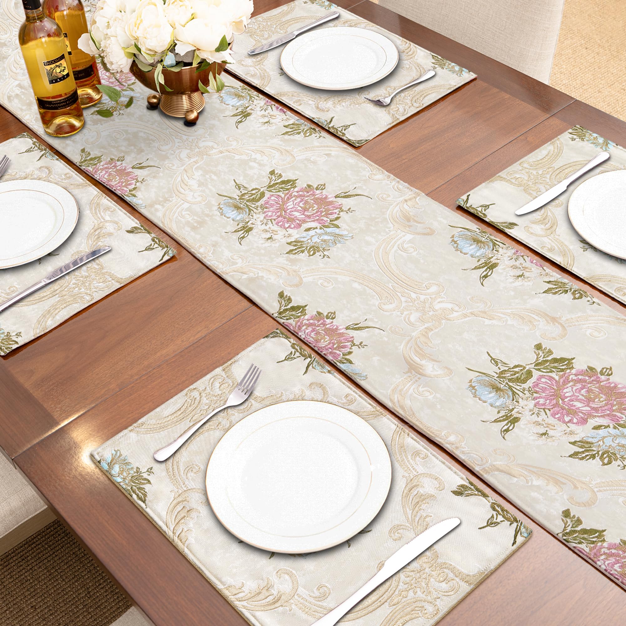 Loom and Mill Jacquard Floral Table Runner 13x90 inch, Elegant European Style Dining Table Runners with Tassels, Great for Home Table Setting Kitchen Dresser Party Holiday(Pearly Beige, 13x90in)
