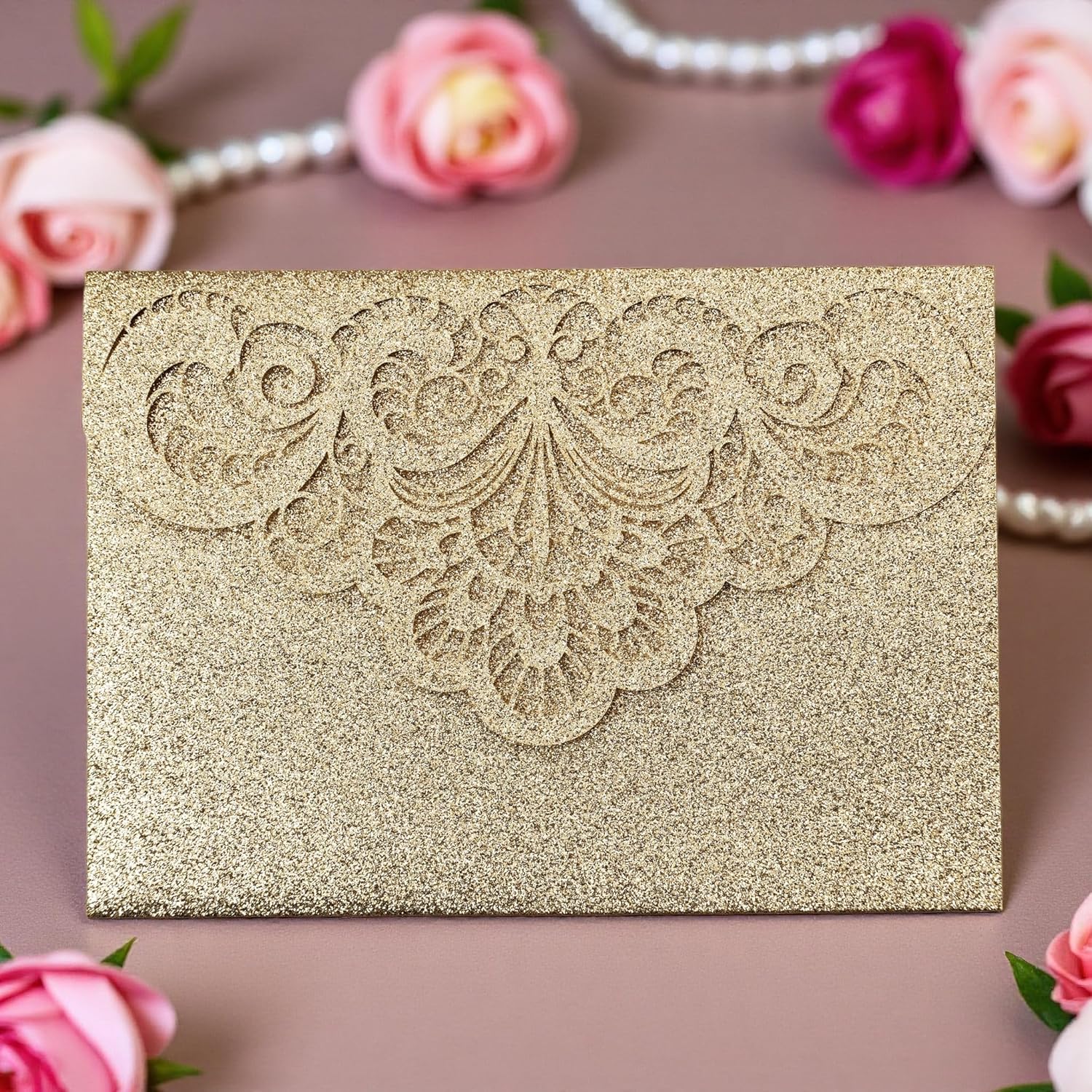 20 Pcs Laser Cutting Gold Glitter Invitation Card Greeting Card Graduation Party Wedding Birthday Party Invitations Invitation Pocket With Envelope (Gold Glitter)