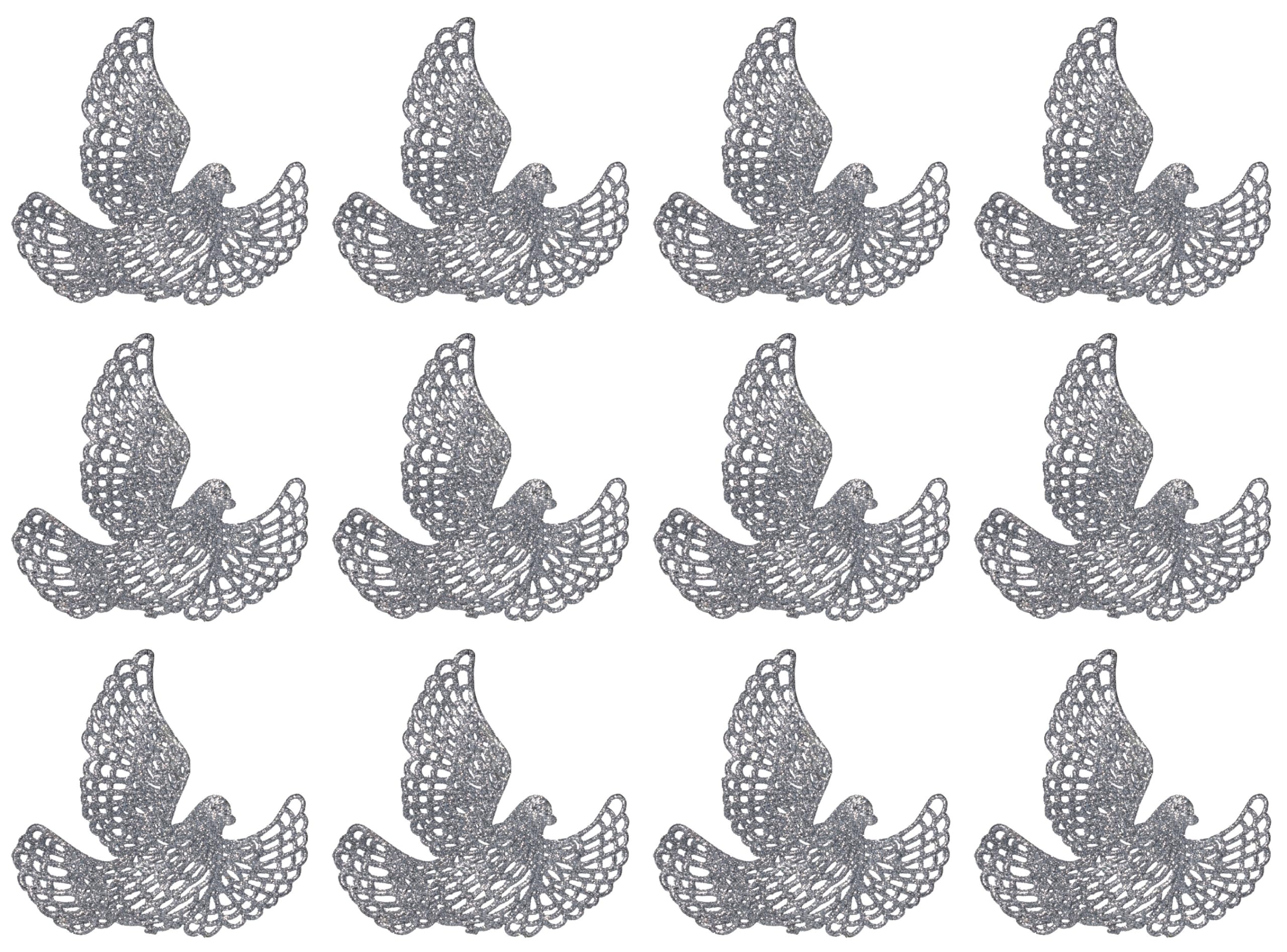 Silver Glitter Dove Bird Christmas Tree Baubles Decorations - Set of 12