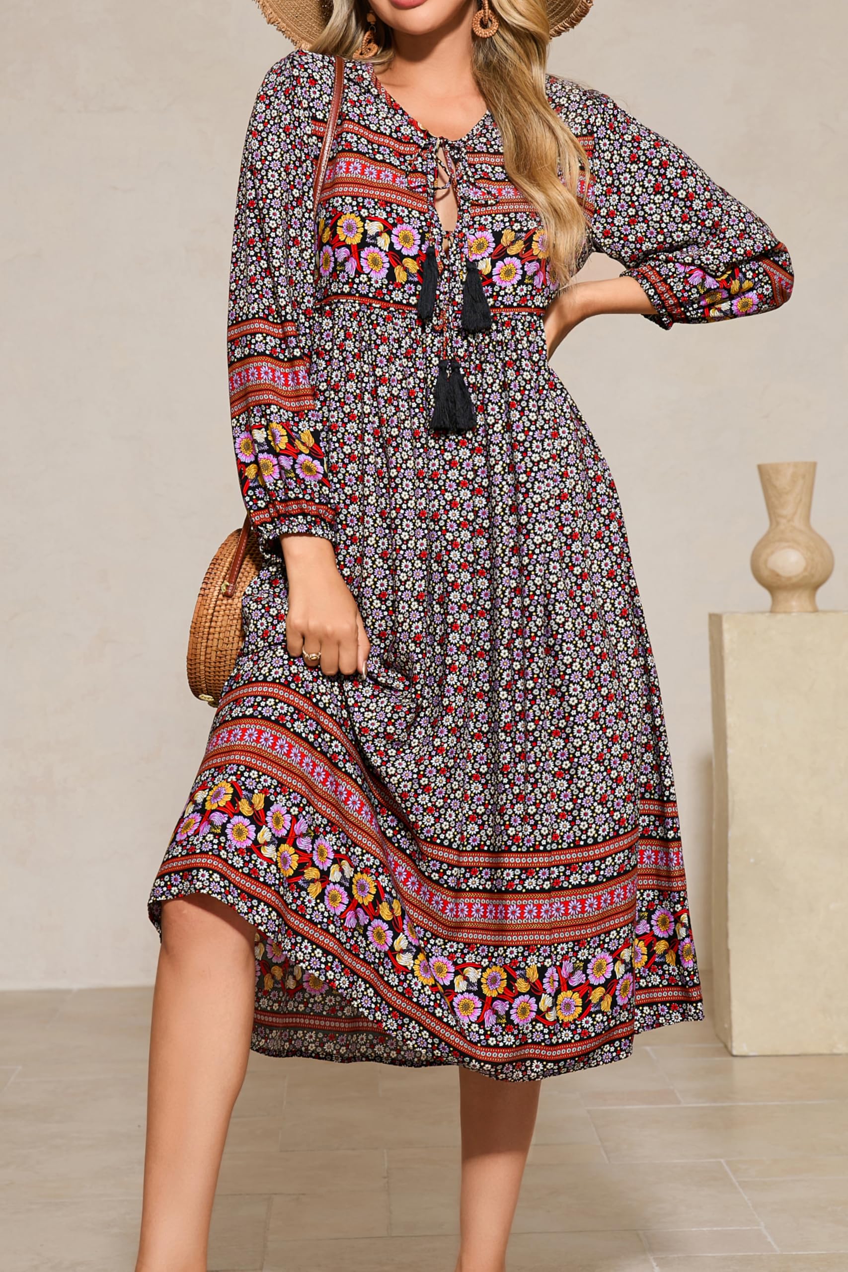 R.Vivimos Elegante Casual Mujer Bohemio Vestido Largo Estampado Corbata Manga Larga Vestido de Midi de Playa Vestido de Vacaciones