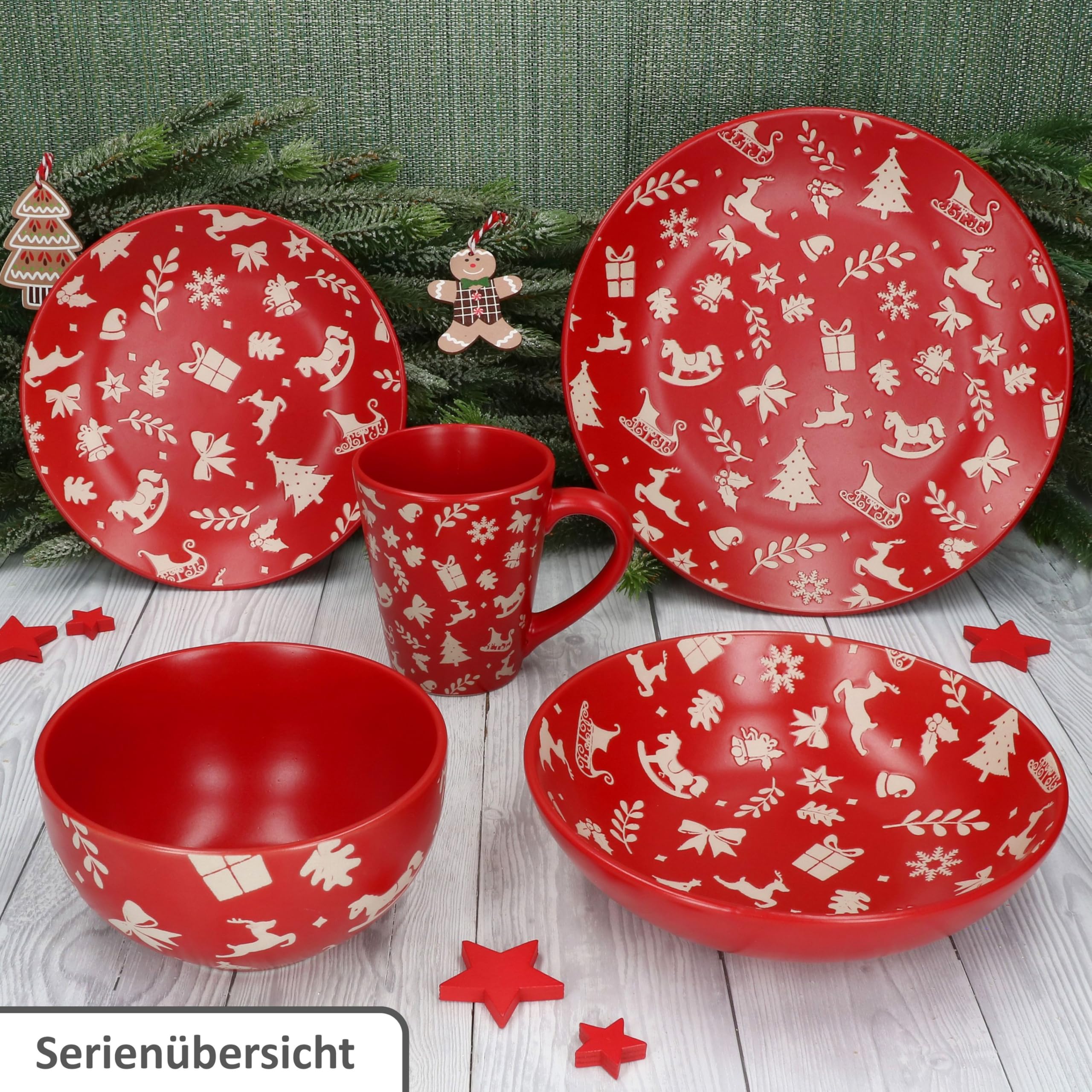 MamboCat Advent 12tlg Tafelservice I Steingut-Geschirr für 6 Personen in Rot mit Weihnachtsmotiven in Creme I winterliche 6X Speiseteller & 6X Suppenteller 480ml I Weihnachten