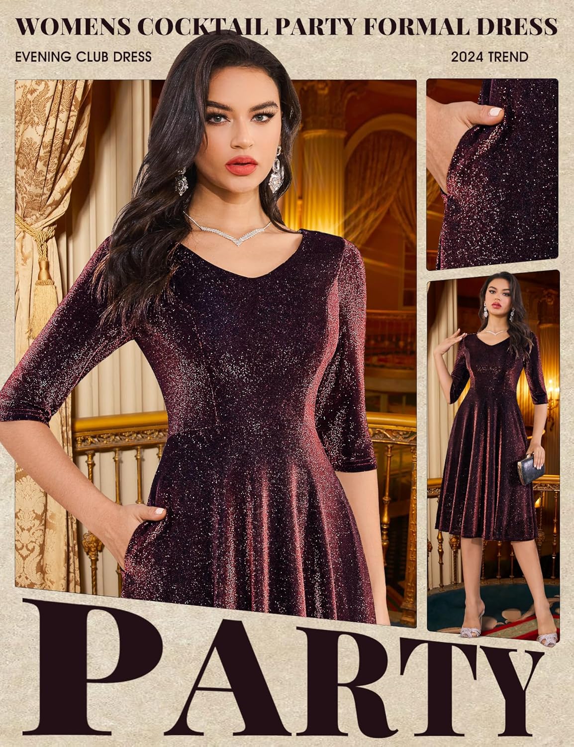 Dressystar Womens Velvet Midi Sequin Cocktail Dress Fall Winter Long Sleeve Formal Wedding Guest Party Dresses with Pocket - Image 5