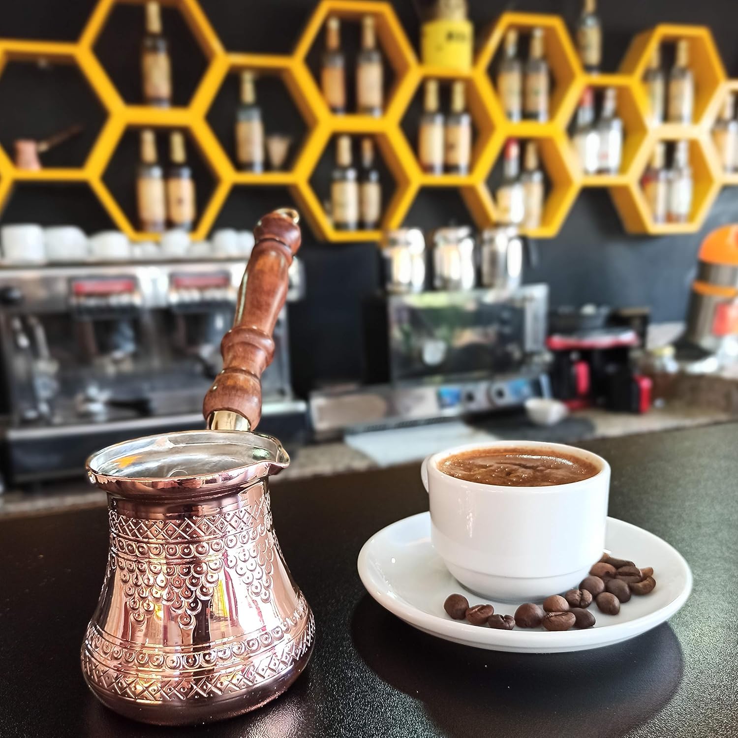 DEDE Copper - PCZ Series (Small-6 fl.oz) - Thickest Solid Copper Engraved/Stamped Turkish Greek Arabic Coffee Pot with Wooden Handle, Stovetop Coffee Maker Cezve Jezve Jazva Jazzve Ibrik Briki (Shiny)