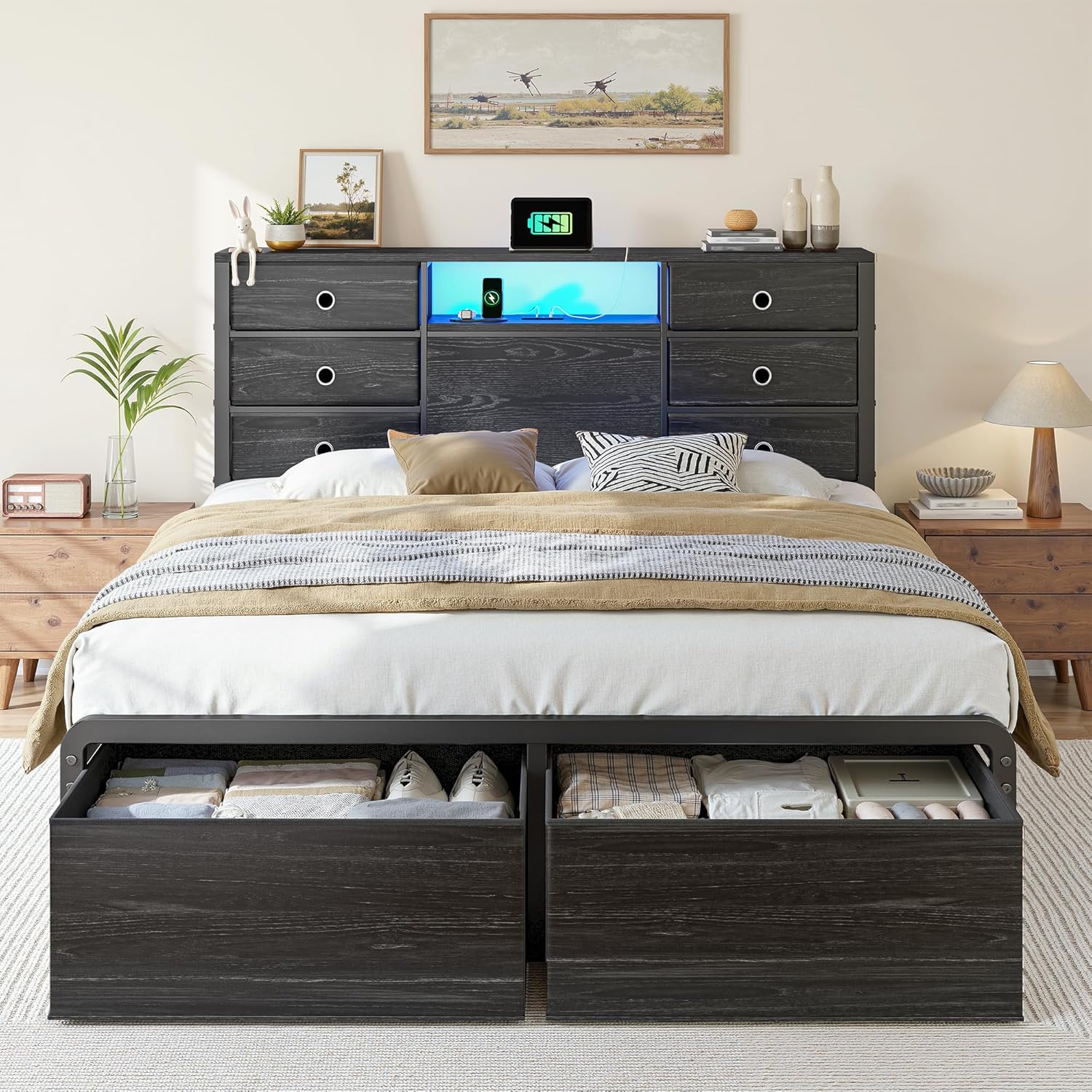 Queen Size Bed Frame with 6 Headboard Drawers and 2 Footboard Cloth Drawers, LED Lights & Charging Station, Metal Platform Bed Frame with Headboard Storage,No-Noise,Easy Assembly,Black