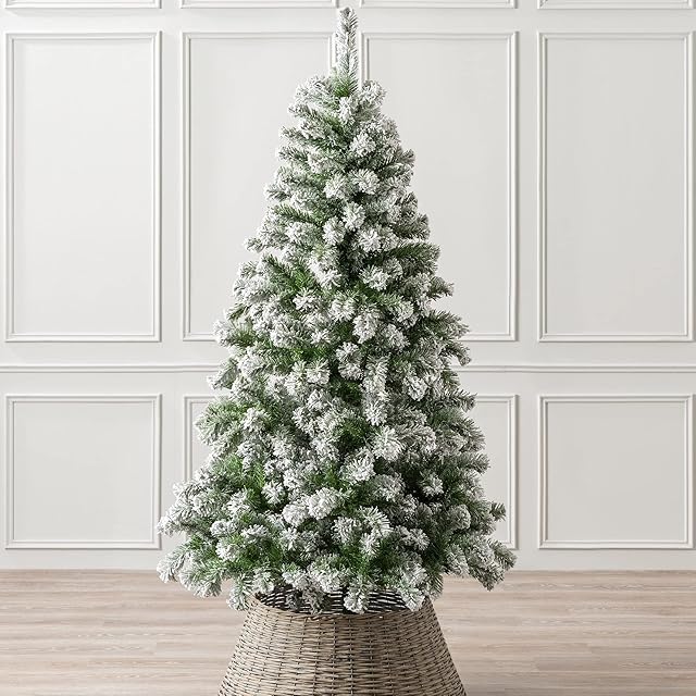 Christow Snowy Christmas Tree 6ft, Artificial Snow Frosted Spruce Tree, Hook on Branches, Metal Stand (tree skirt not included)
