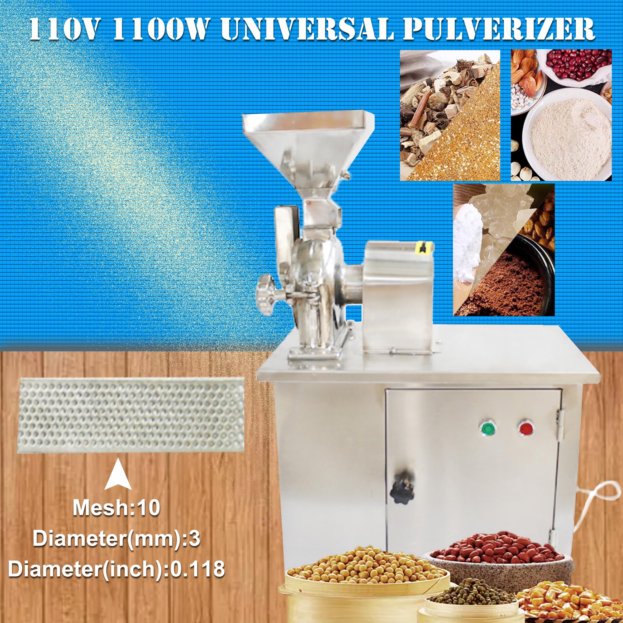 HQHAOTWU Universal Pulverizer Grain Grinder 1100W Commercial Stainless Steel Food Grinder, 7000RPM, with 10 Mesh Screen 0.5-5kg/h Capacity, for Dry Herb Spice Chemical 110V