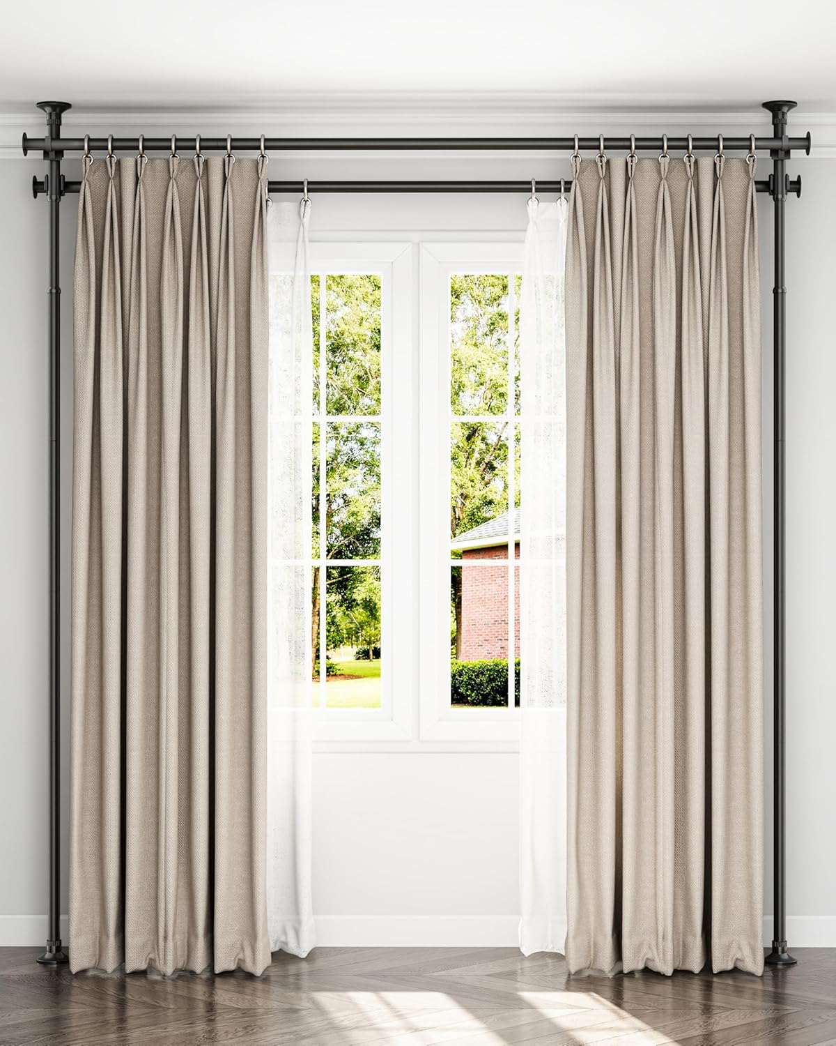 Tension Double Curtain Rods for Windows by EZFurni,31 to 83 Inch Wide, Adjustable No Drill Curtain Rods for Living Room,Bedroom,Decorative Window Treatment,Renter Friendly,39 to 130 Inch Height,Black