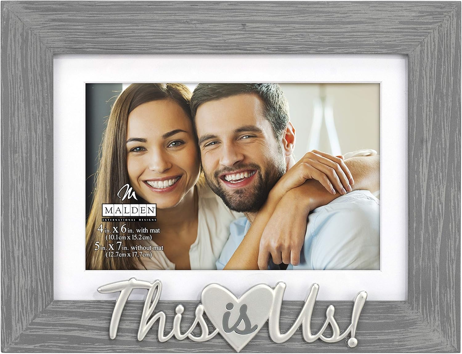 Malden International Designs 4x6 or 5x7 This Is Us! Distressed Expressions Picture Frame Silver Finish This Is Us! Word Attachment Gray Textured Pine Wood Finish Frame White Beveled Mat