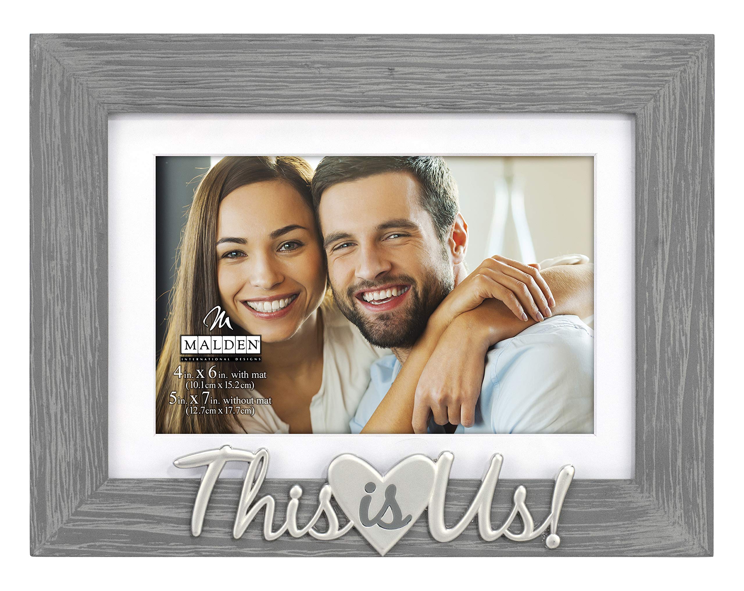 Malden International Designs 4x6 or 5x7 This Is Us! Distressed Expressions Picture Frame Silver Finish This Is Us! Word Attachment Gray Textured Pine Wood Finish Frame White Beveled Mat