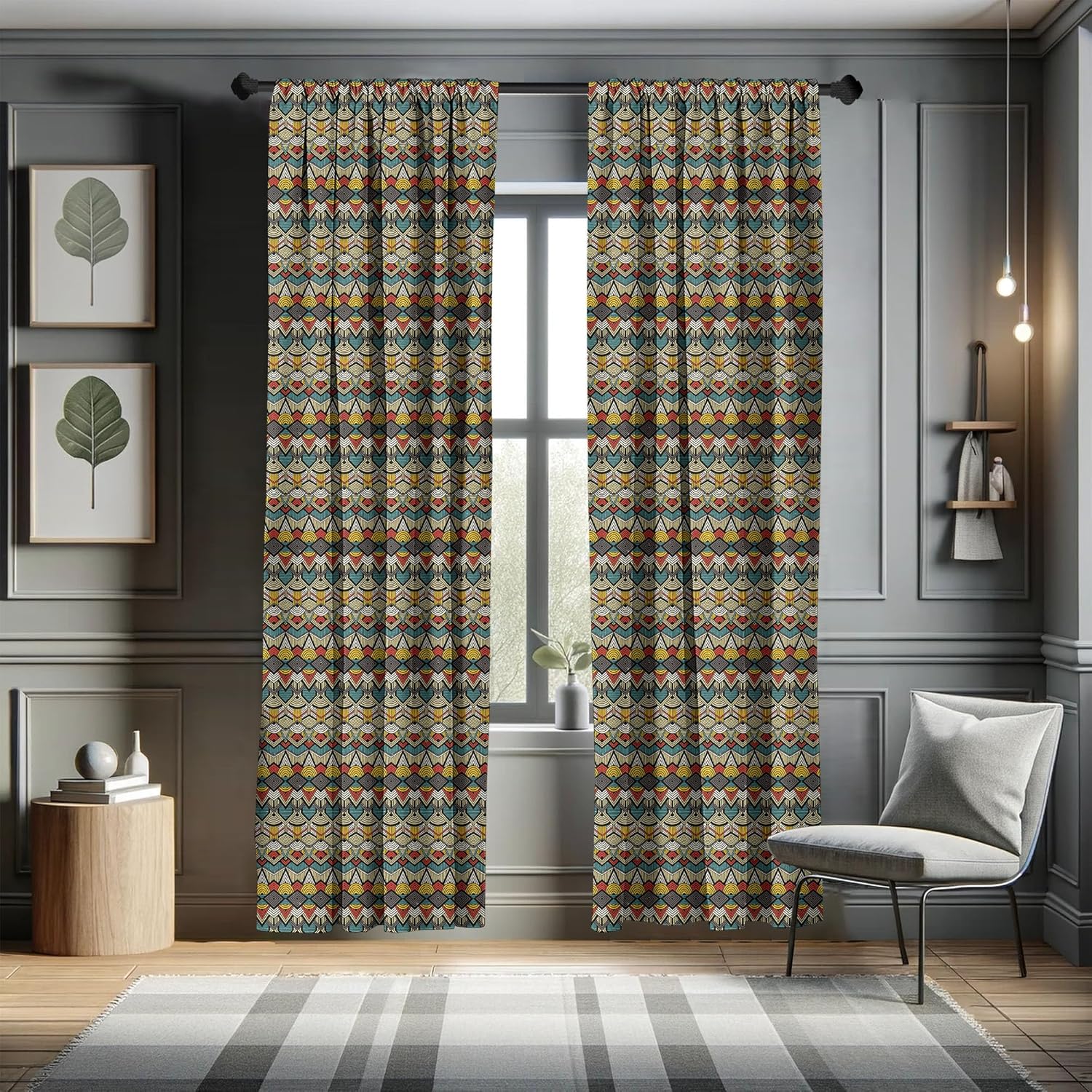 Ambesonne African Window Curtains, Complex Pattern of Triangles Half Circles and Zigzag Lines with Retro Grunge Look, Lightweight Decor 2-Panel Set with Rod Pocket, Pair of - 28" x 95", Grey Yellow