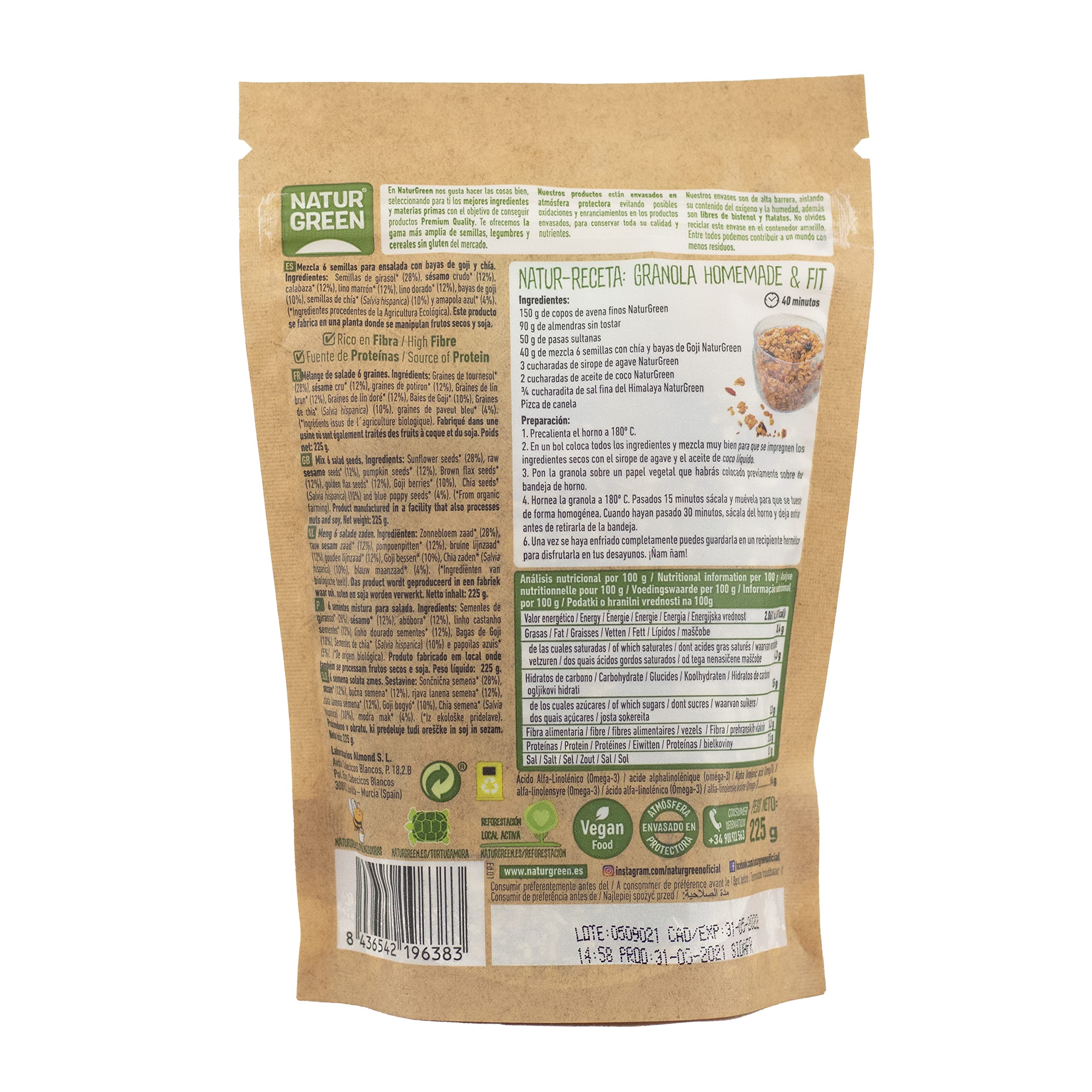 NATURGREEN - Mezcla de 6 Semillas Ensalada Goji y Chía Ecológica, Consumir en Crudo o Tostadas - Pack 12 x 225g