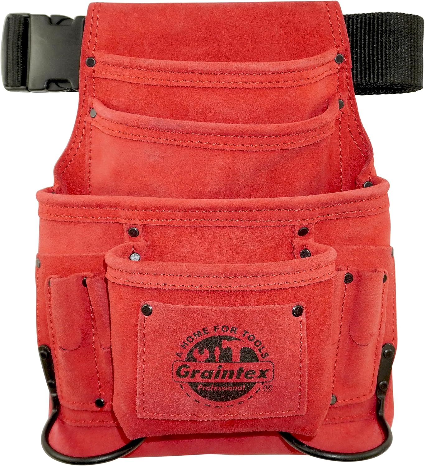 Graintex SS2513 :: 10 Pocket Nail & Tool Pouch Red Color Suede Leather with 2” Webbing Belt for Constructors, Electricians, Plumbers, Handymen