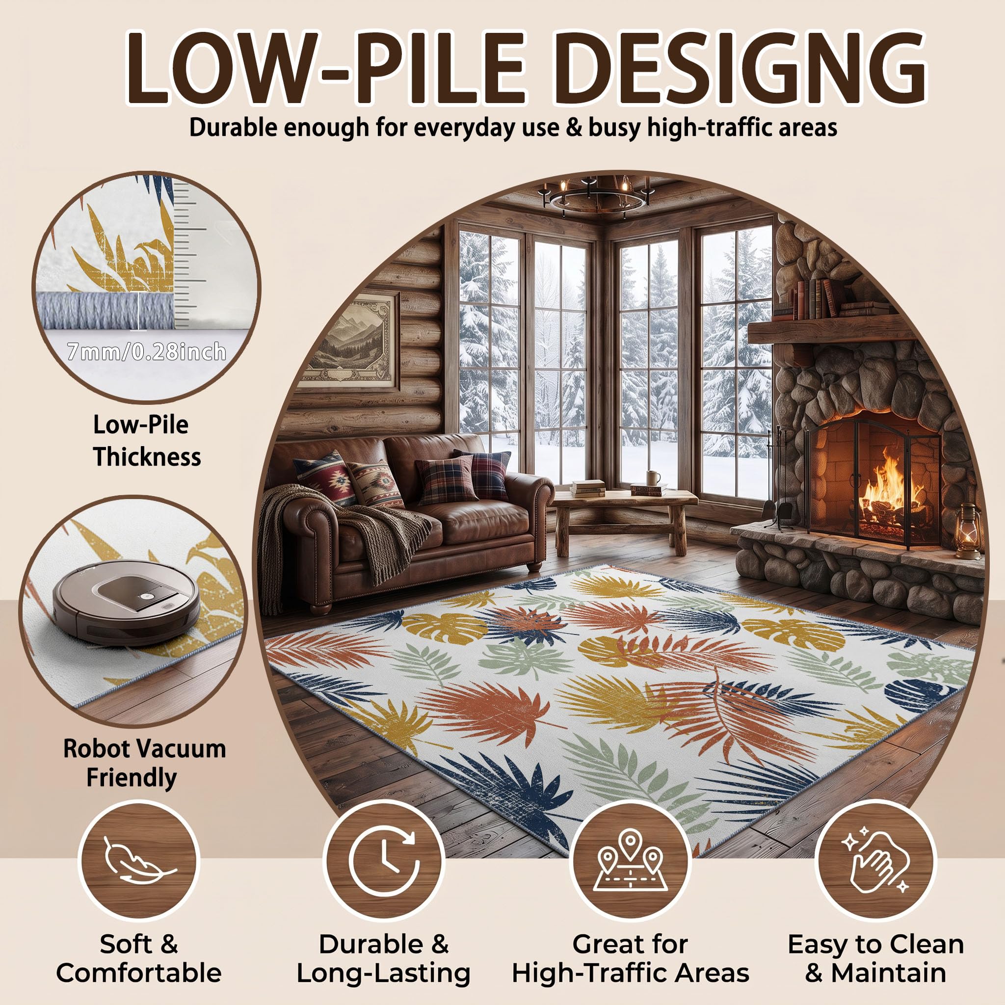 Tapis Salon Tropical, Moquette Lavable en Machine, 160 x 230 cm | Feuille De Plante Feuille De Palmier Grande Feuille Tapis avec Dessous Antidérapant, Tapise Décoratif pour Chambre, Cuisine, Blanc