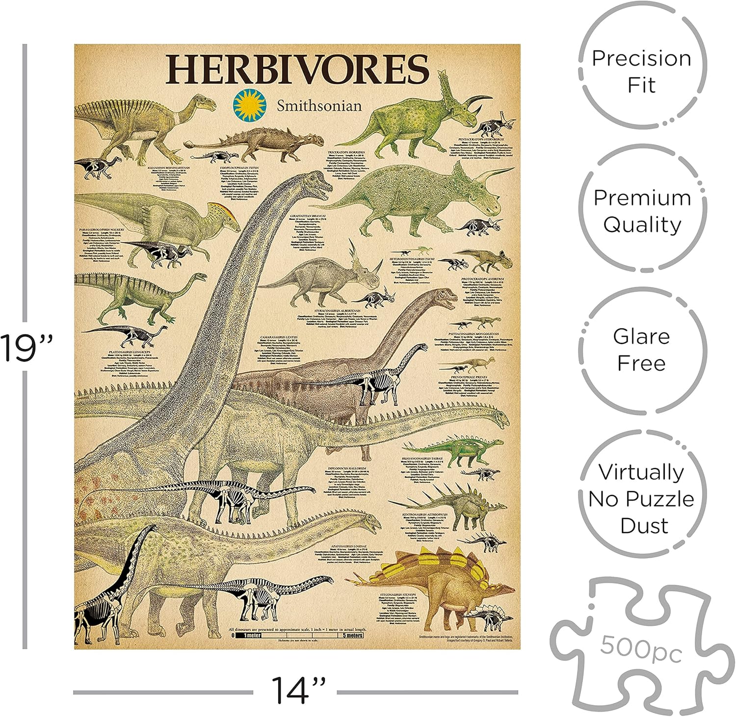 AQUARIUS Smithsonian Herbivore Dinosaurs Puzzle (500 Piece Jigsaw Puzzle) - Glare Free - Precision Fit - Officially Licensed Smithsonian Merchandise & Collectibles - 14 x 19 Inches