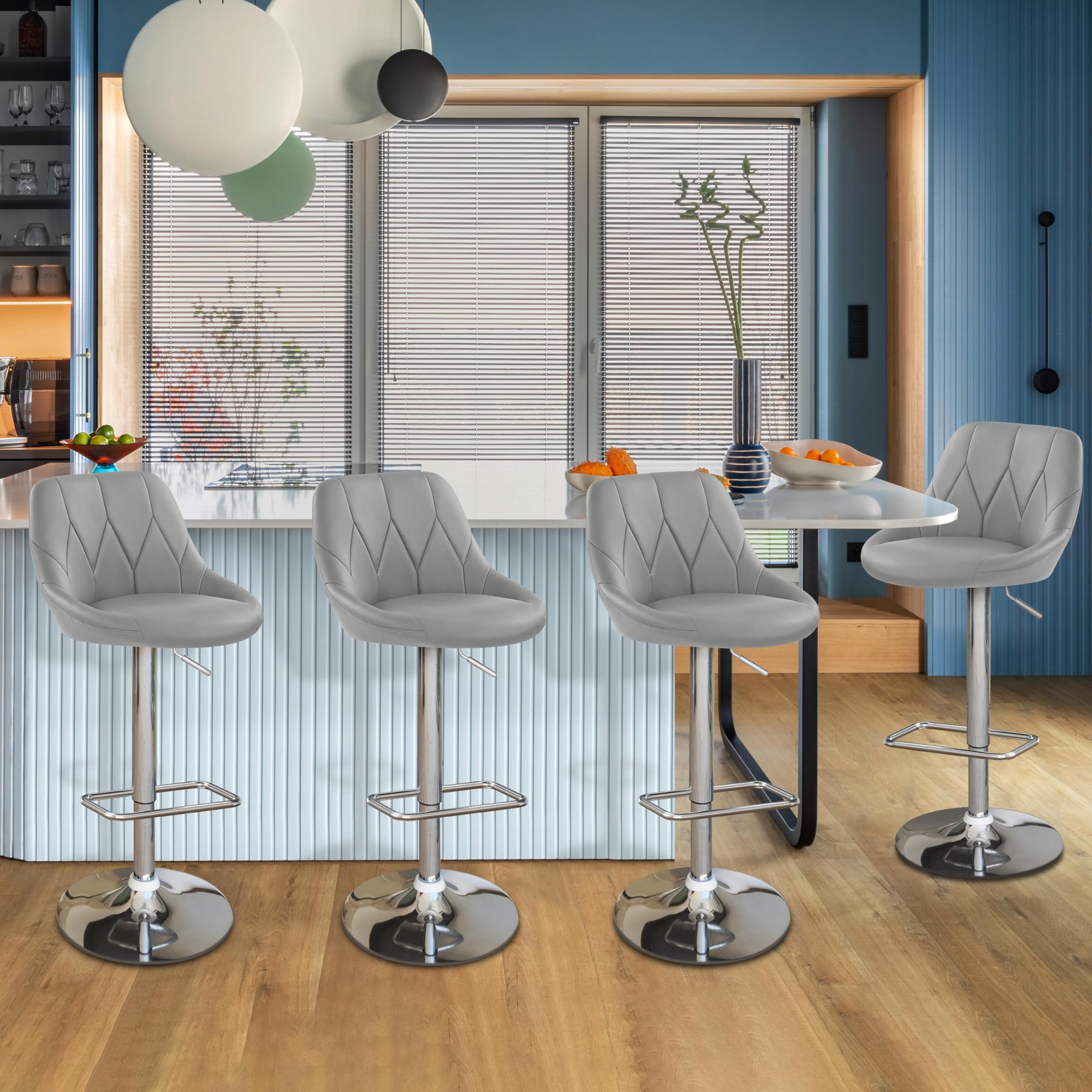 Yaheetech Lot de 4 Tabourets de Bar en Similicuir Hauteur Réglable de 86 cm à 107,5 cm Chaises de Bar Assise Pivotante Repose-Pied Carré Tabourets Hauts Cadre Métallique Galvanisé Gris Clair