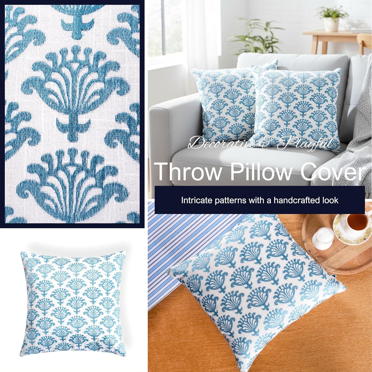 FINGERCRAFT Decorative Throw Pillow Cover Pack of 2 Soft Cotton Embroidered Cushion Cover, Couch Sofa Living Room Pillow Case 18 X 18 Inch Blue Blossom