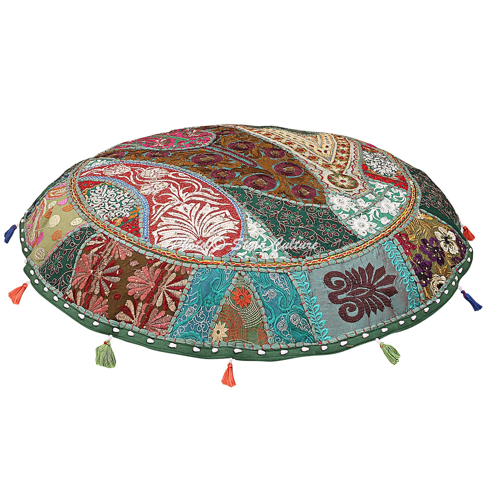 Stylo Culture Indiano Yoga Fodera Per Cuscini Da Pavimento Per Camera Da Letto Vintage Patchwork Grigio 18x18 Decorativo Rotondo Coprisedile Pouf Poggiapiedi Cotone Ricamato 1 Pezzo