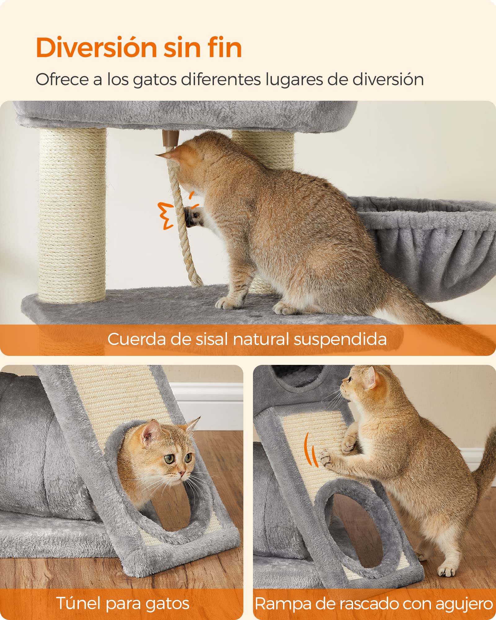 FEANDREA Árbol Grande para Gatos, Rascador para Gatos Tamaño M, Cueva, Hamaca, Plataforma de Felpa, Túnel, Columna de Cuerda de Sisal, Poste de Rascado, 50 x 50 x 141 cm, Gris Claro y Natural