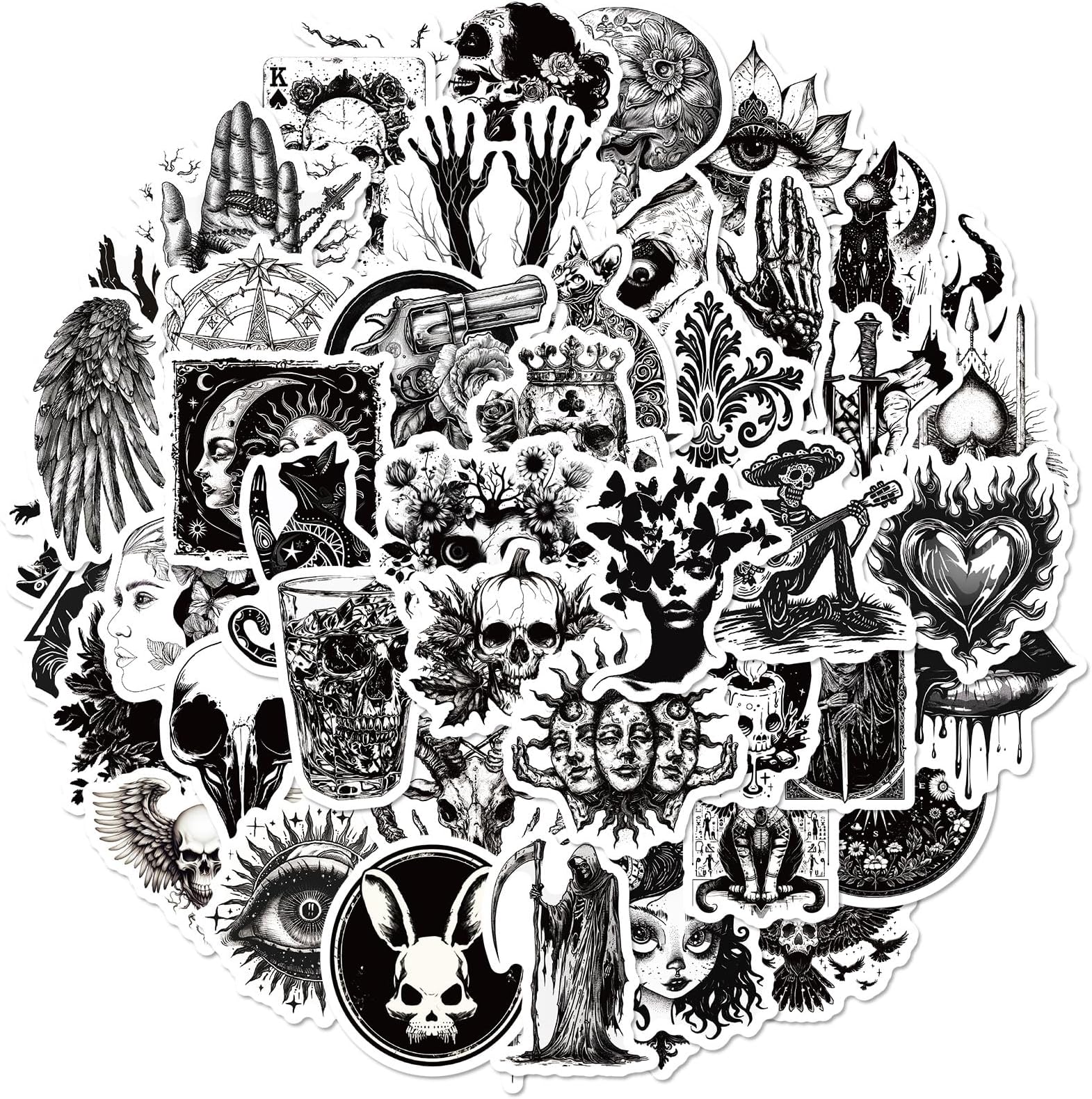 Skull Stickers Black and White, Gothic Aesthetic Punk Rock Halloween Horror Decals, Cool Scary Spooky Vinyl Sticker Pack for Laptop Computer Car Phone Skateboard Water Bottle, 50 Pcs
