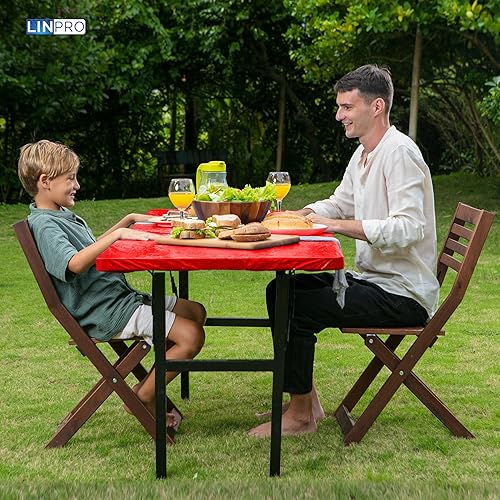 Miniatura 10 de Paquete de 5 manteles de plástico desechables para fiestas, 8 pies, con mantel elástico ajustable para campamento, mantel rectangular negro, mesas