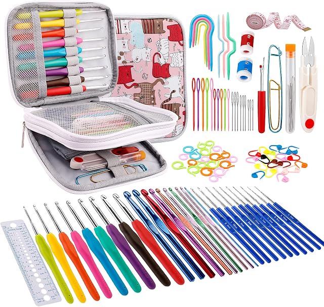 104 Pack Crochet Hooks Set, 9 PCS Coloured Aluminum Ergonomic Soft Grip Handles Crochet Kit 2mm to 6mm with Accessories, Crochet Starter Kit Supplies for DIY Crafter, Crochet Lover, and Beginners