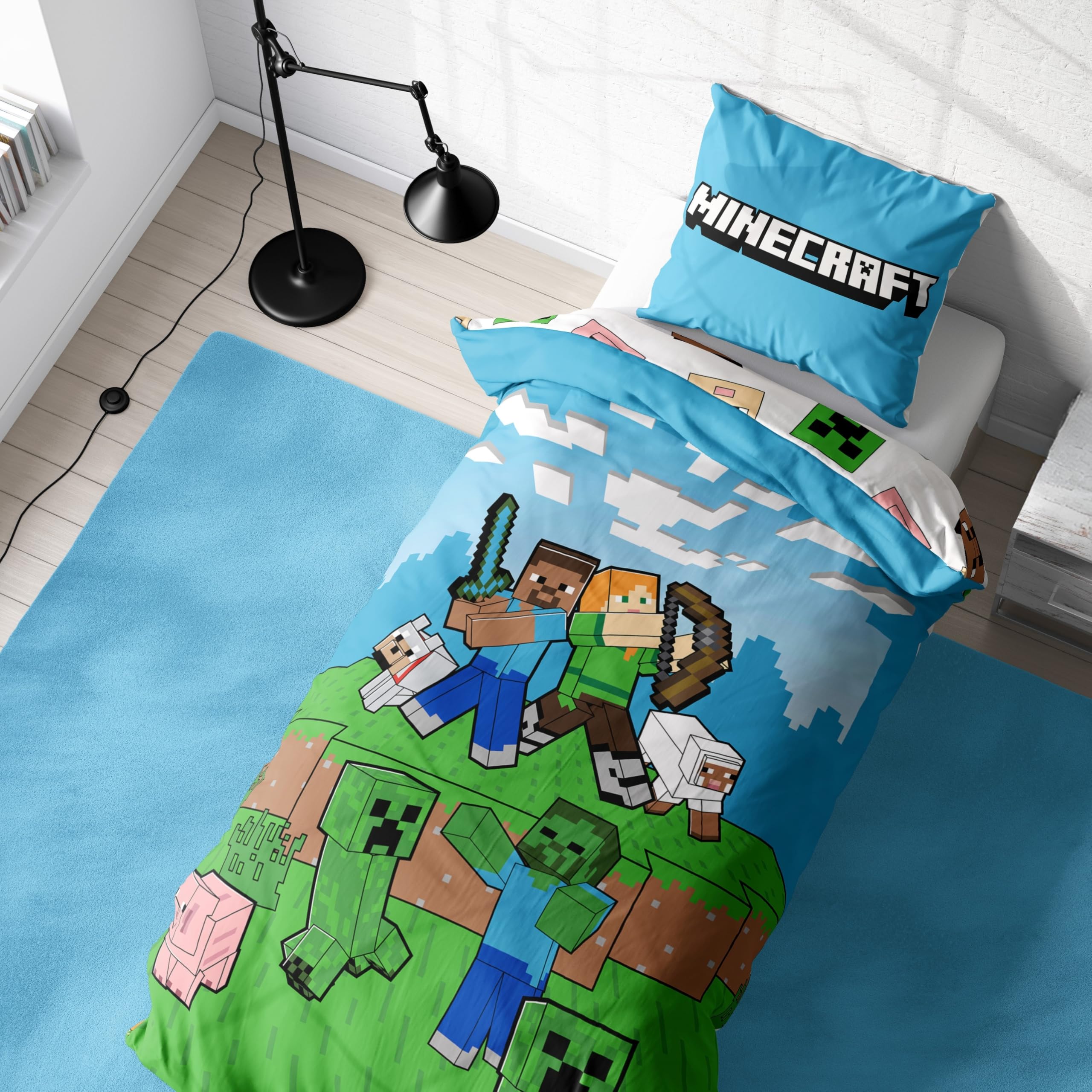 Minecraft Beddengoed, kinderbeddengoed, jeugdbeddengoed, 135 x 200 cm, onderwaterwereld, omkeerbaar motief, kussensloop 80 x 80 cm dekbedovertrek 135 x 200 cm, 100% katoen, Duitse maat