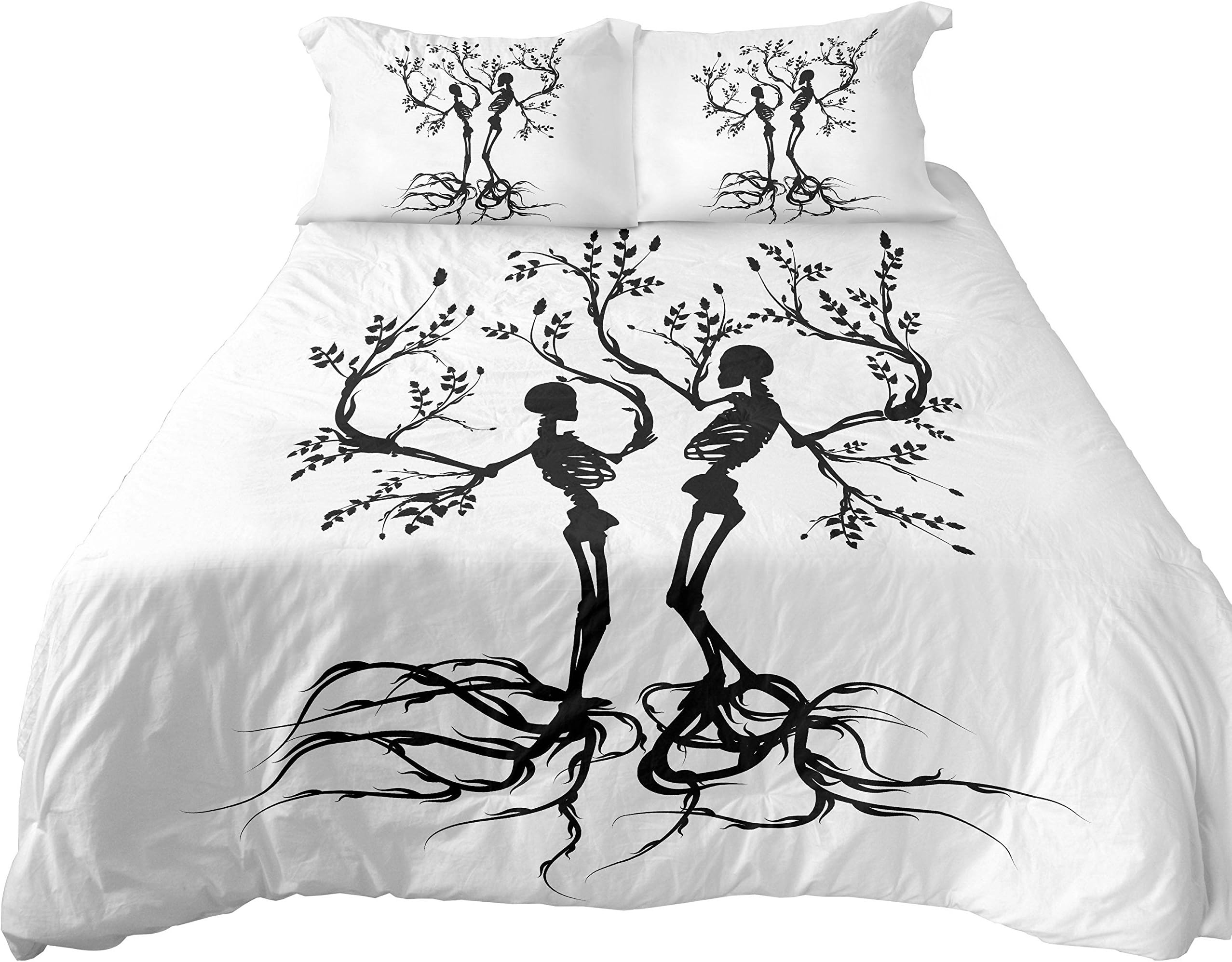 Lightweight Microfiber Duvet Cover Set, Black and White Couple Skull Tree Reversible Sex Positions Design Queen Size for Adult(Queen)