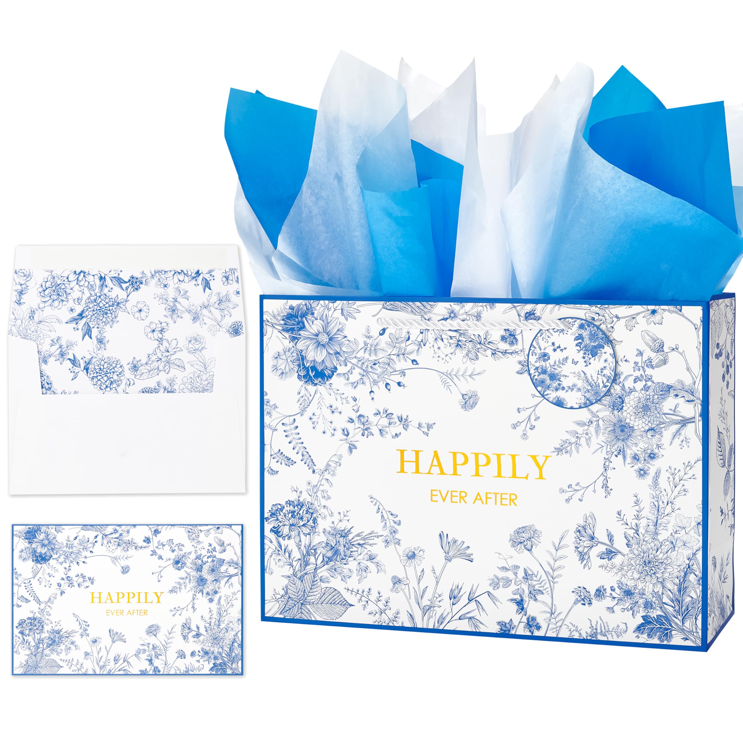 Crisky 13" Large Wedding Gift Bag with Greeting Card Tissue Paper Envelopes (Happily Ever After) for Bridal Shower Engagement Party Women/Wife/Sister/Mom/Aunt/Friends
