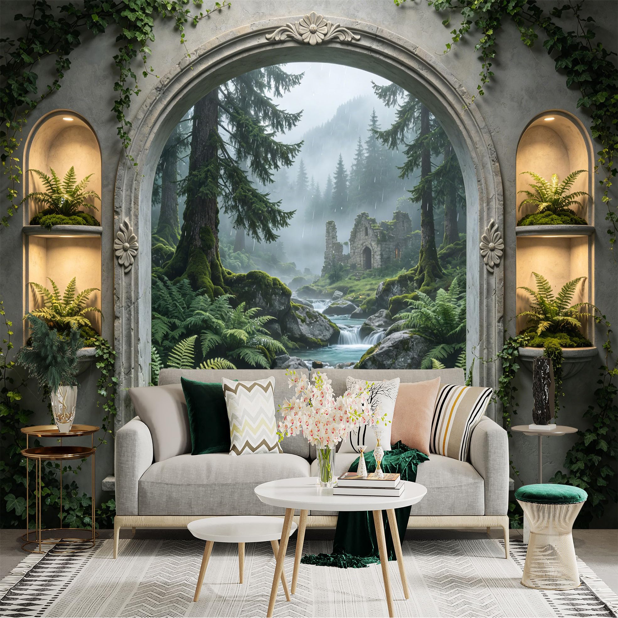 Custom Size Wall Sticker Mural， Misty Forest with River， Ancient Ruins and Stone Arch Window， for wall Decoration， peelandstick wall Decals.