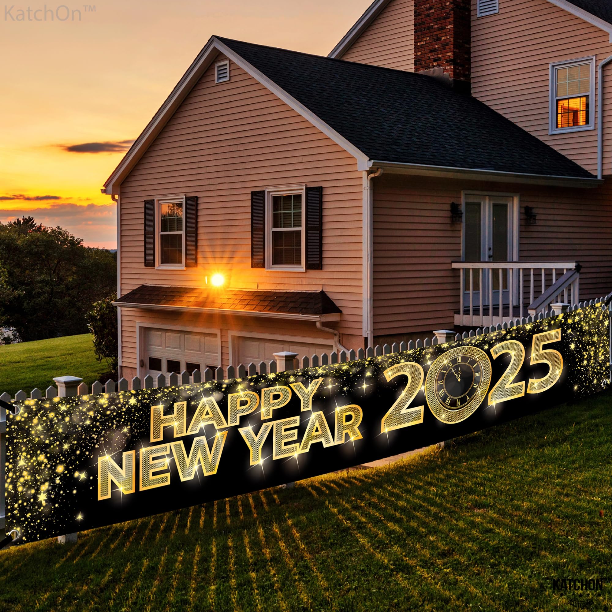 KatchOn Happy New Year Yard Banner 305x50 Cm - Schwarz-gold, Wiederverwendbar, Aus Stoff Für Silvester-Party Draußen & Drinnen