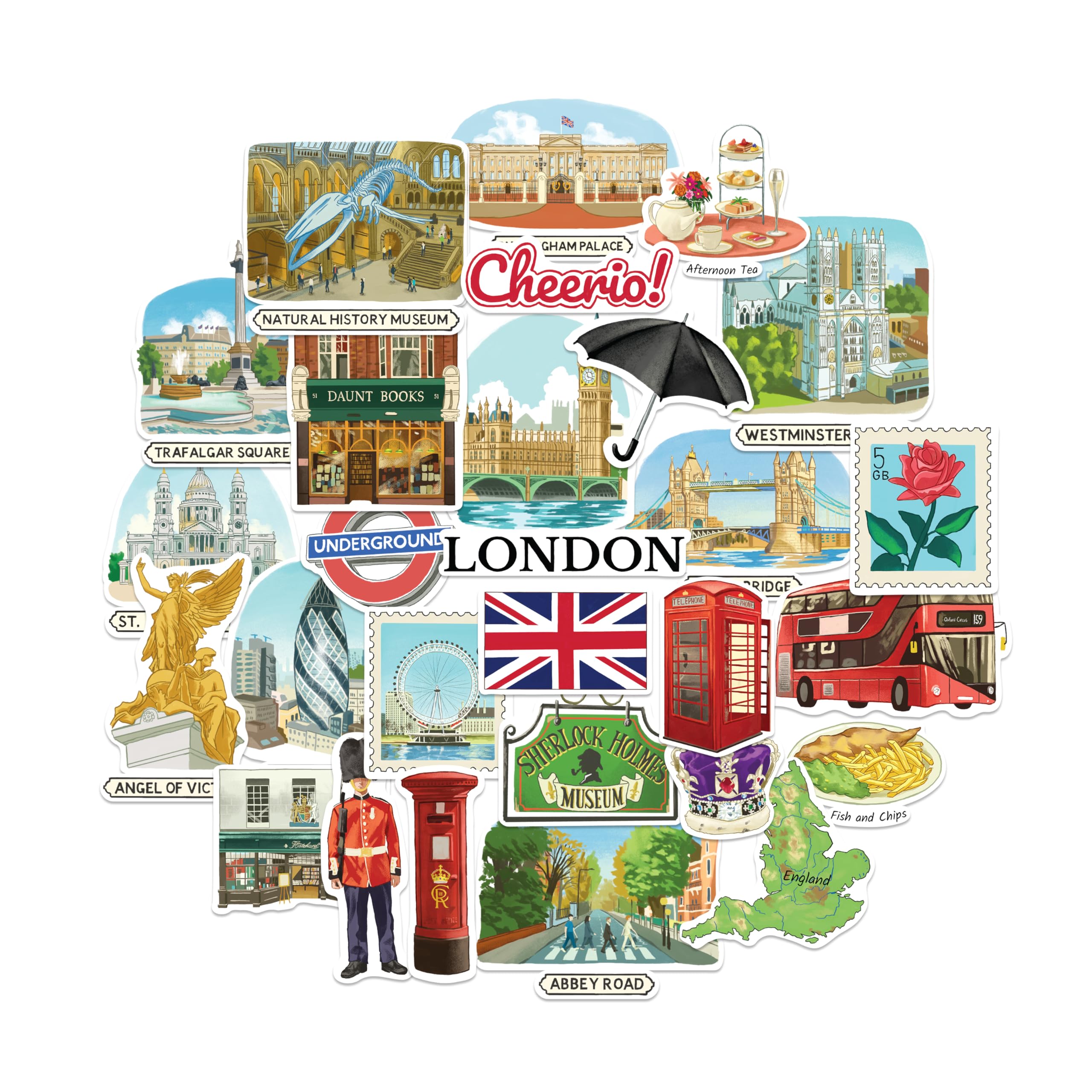Navy Peony Bustling London Statement Stickers - Hand-Painted Watercolour, Glossy, Waterproof - for Suitcases, Laptops, Water Bottles (28-Piece Set)