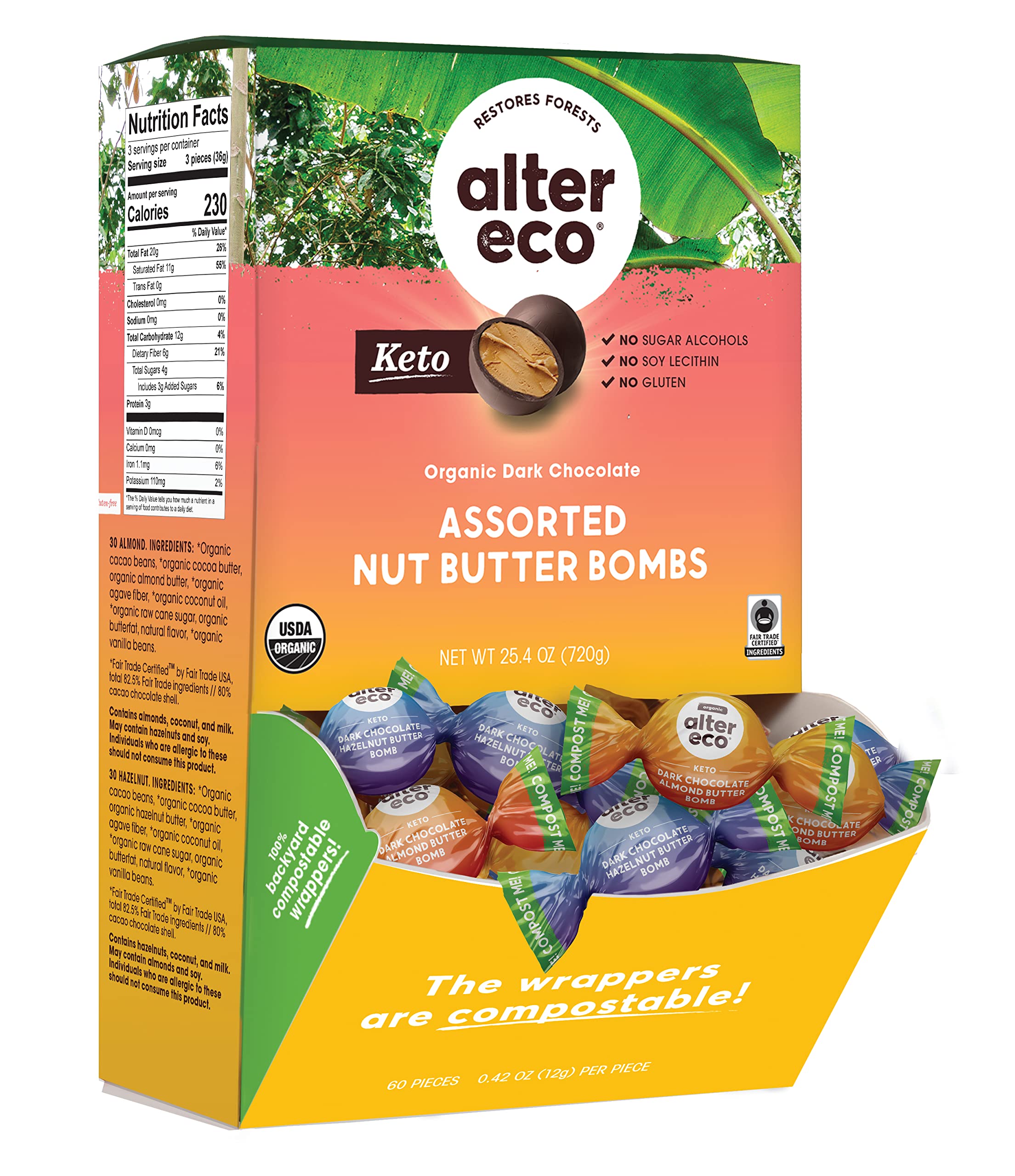 Alter Eco Assorted Almond & Hazelnut Butter Bomb Box (60 CT - Individually Wrapped) - Keto Friendly