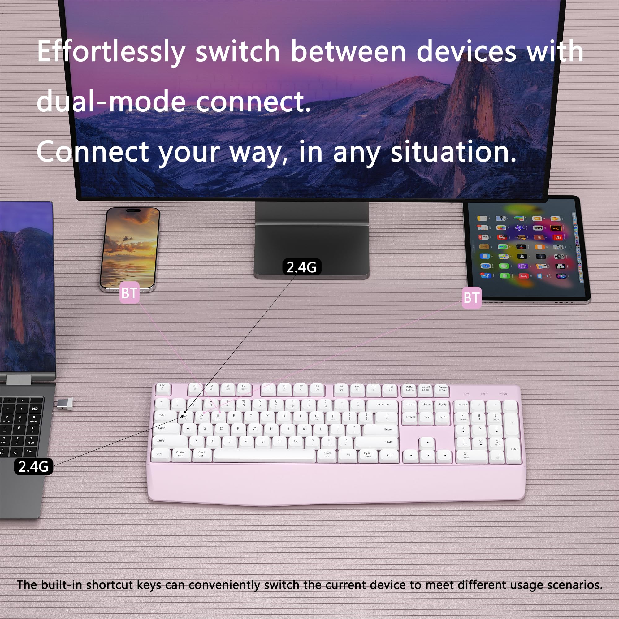 Tastiera Bluetooth senza fili, tastiera ergonomica con poggiapolsi, compatibile con PC/laptop/Windows/Mac, per uso domestico e ufficio (bianco e rosa)