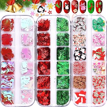 36 Grids Christmas Nail Art Sequins, EBANKU Holographic Snowflakes Santa Claus Snowman Flake Nail Glitter Sequins Colorful Sparkly Confetti Glitter for DIY Design Face Body Makeup Christmas Decoration