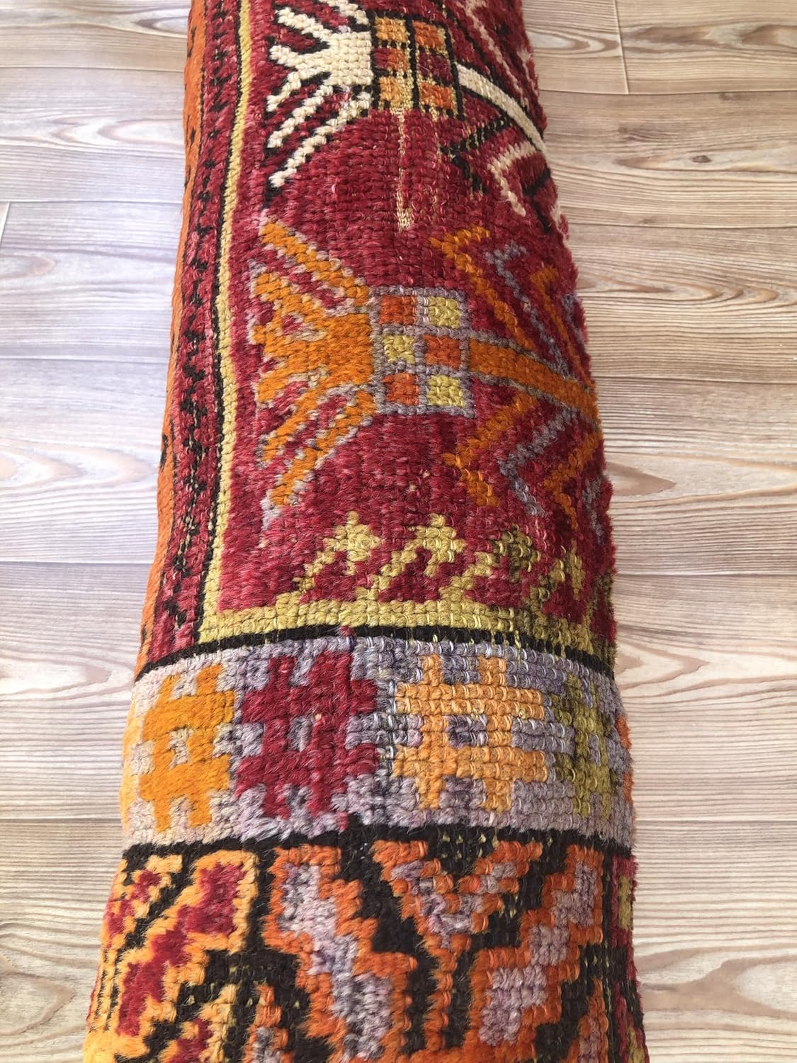 Vintage Turkish Kilim Pillow 12x40 | Bold Tribal Lumbar Cushion in Red, Orange & Yellow | Handwoven Turkish Rug Boho Lumbar Pillow Lumbar