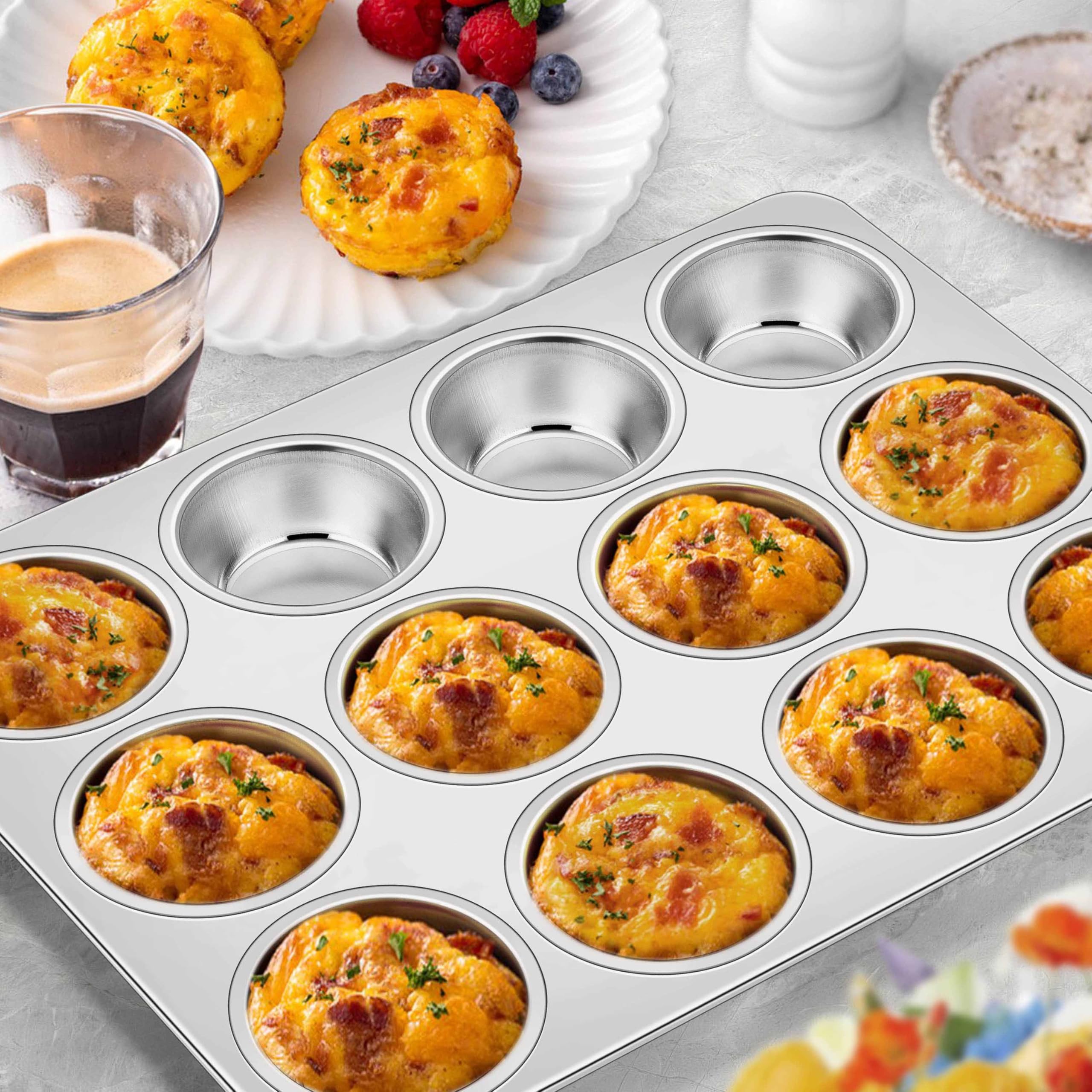 Homikit Lot de 2 moules à muffins en acier inoxydable avec 12 tasses de taille standard, plateau anti-adhésif en métal pour la cuisson, non toxique et antirouille, passe au four et au lave-vaisselle