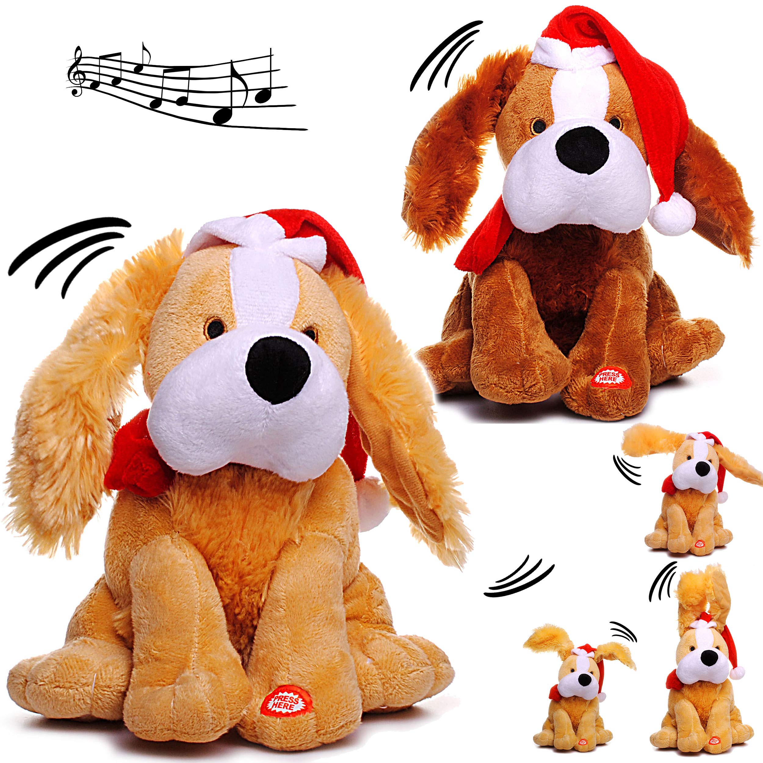 alles-meine.de GmbH 2 Stück XL - singende & tanzende - Hunde - Jingle Bells - Plüschtier mit Sound & Bewegung - 26 cm - aus Stoff/Plüsch - Weihnachtsmann/Weihnachtshund/W..