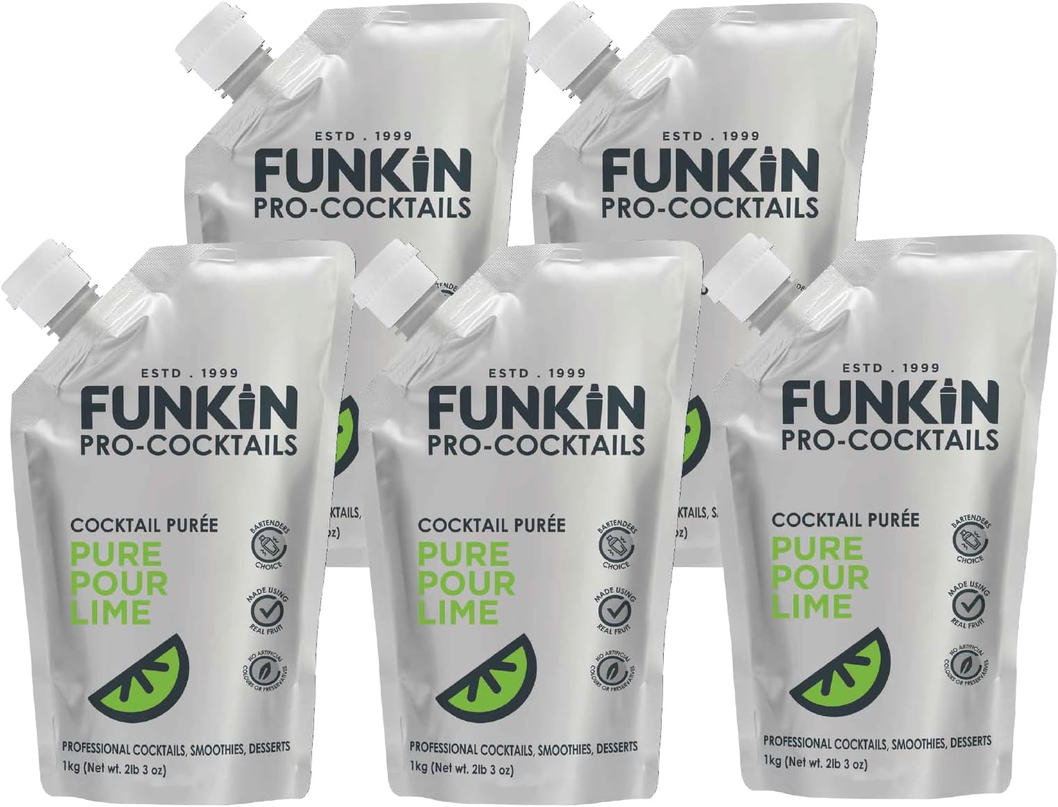 Pure Pour Lime Puree Cocktail Mixer | Made with Real Fruit | Fresh Fruit Puree for Professional Cocktails, Smoothies, & Desserts | 0% ABV | Resealable Pouch | 1kg, Pack of 5
