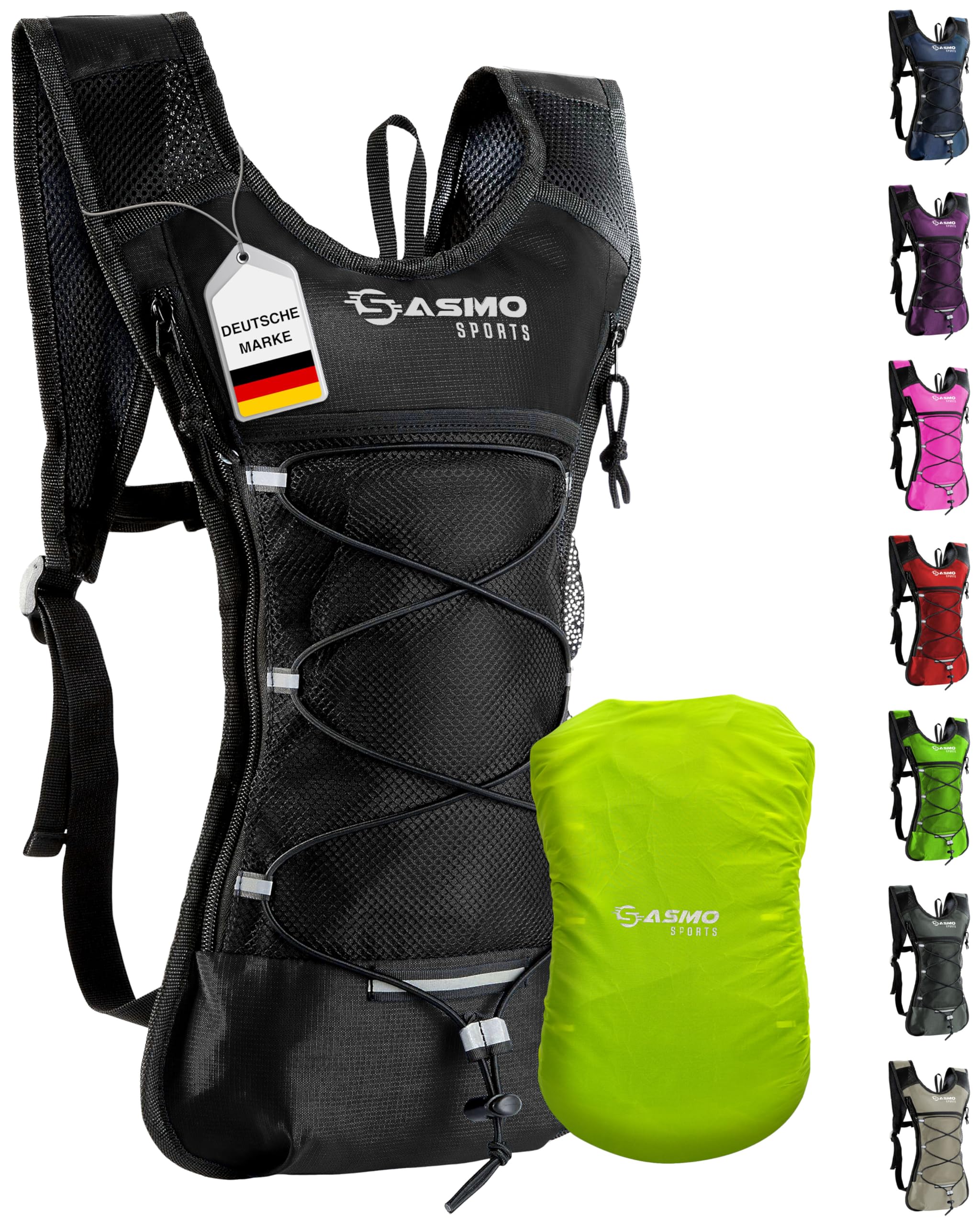 SASMO® Laufrucksack 6L (Schwarz) mit Thermofach | Lauf Rucksack - Ultraleicht 300g | Laufrucksack Damen & Herren | Running Backpack inklusive Regenschutz & Reflektoren