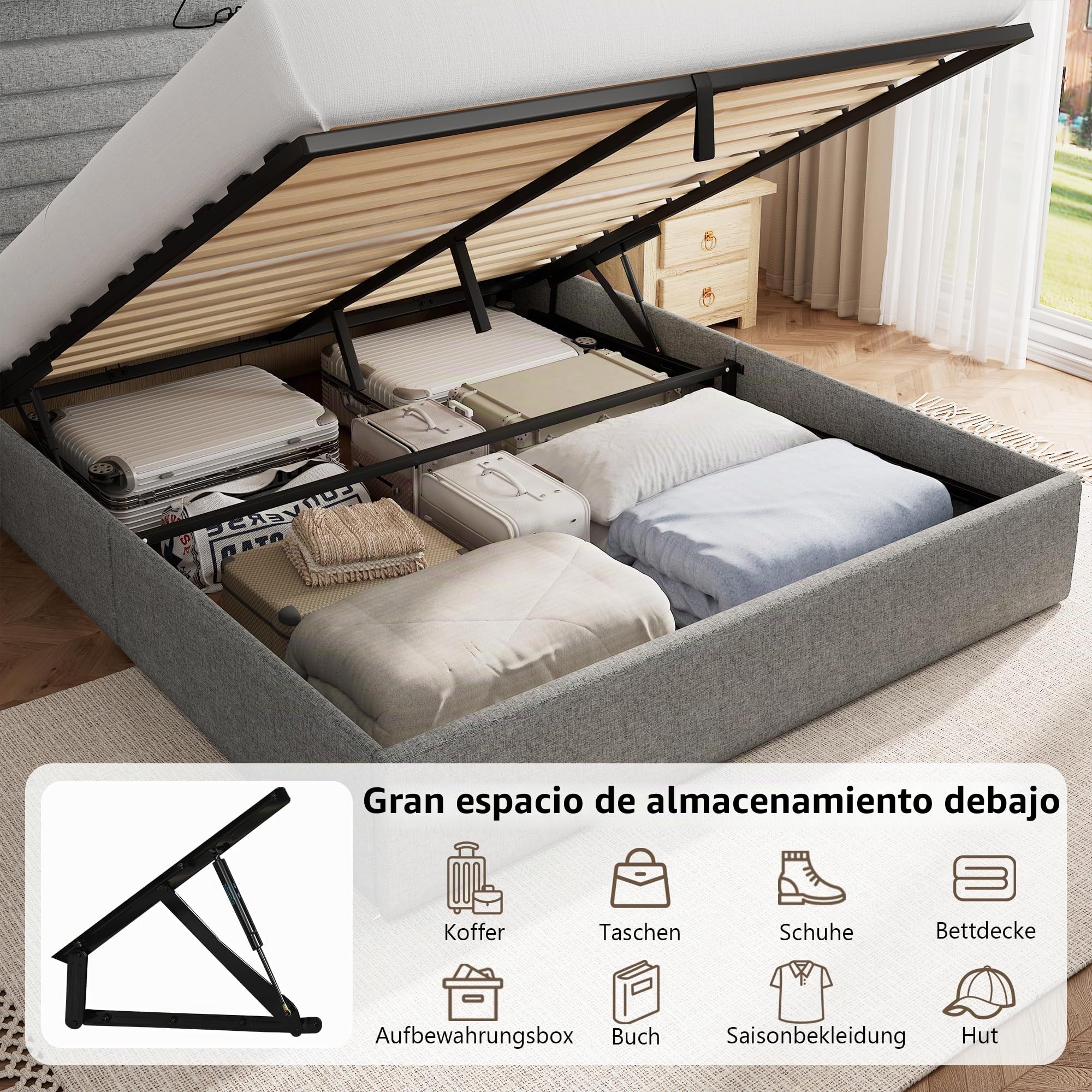 FEONASE Cama de 140 x 200 cm con Espacio de Almacenamiento, Cama Doble tapizada de 140 x 200 cm con cabecero hidráulico y de Lino, Espacio de Almacenamiento, Estructura de Cama con somier, Espacio de