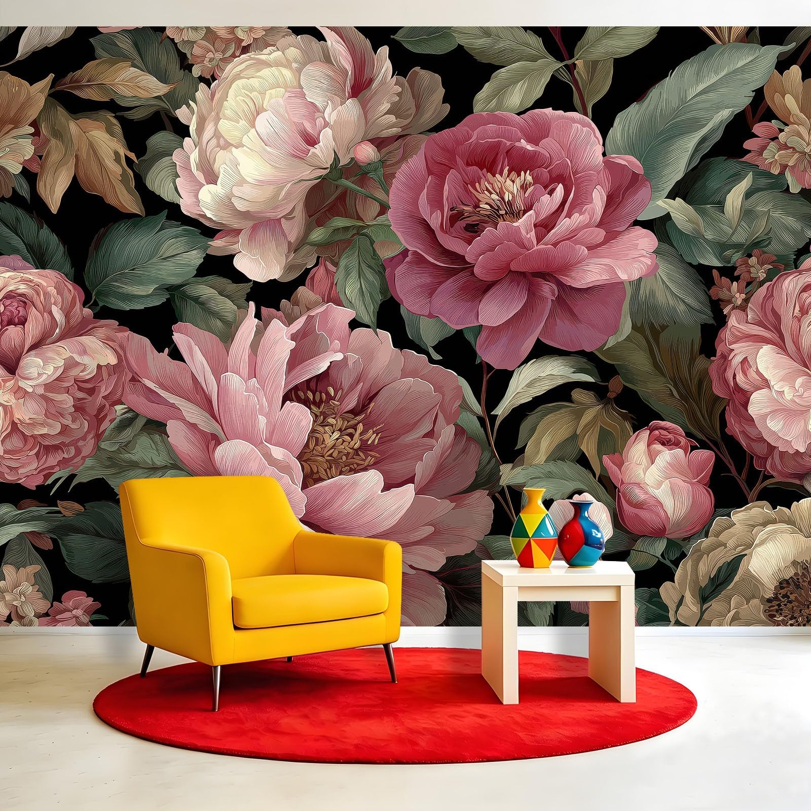 Panoramiczna tapeta w stylu vintage barokowe kwiaty 200 x 140 cm gigantyczny plakat fototapeta z włókniny - do salonu, sypialni lub pokoju dziecięcego - rośliny gałęzie liście różowe piwonie
