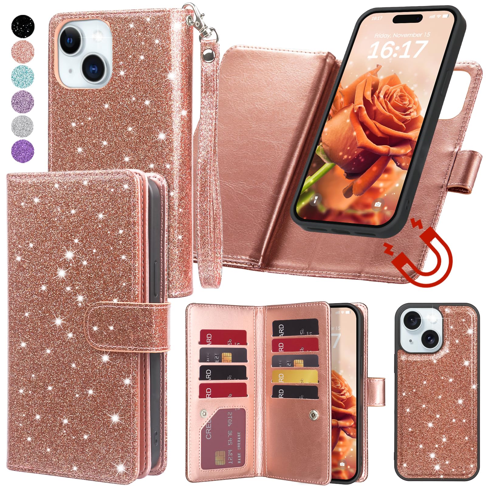 Varikke for iPhone 15 Wallet Case Detachable with 9-Card Holder for Women, Fashion Glitter PU Leather Wrist Strap Strong Magnetic Flip Wallet